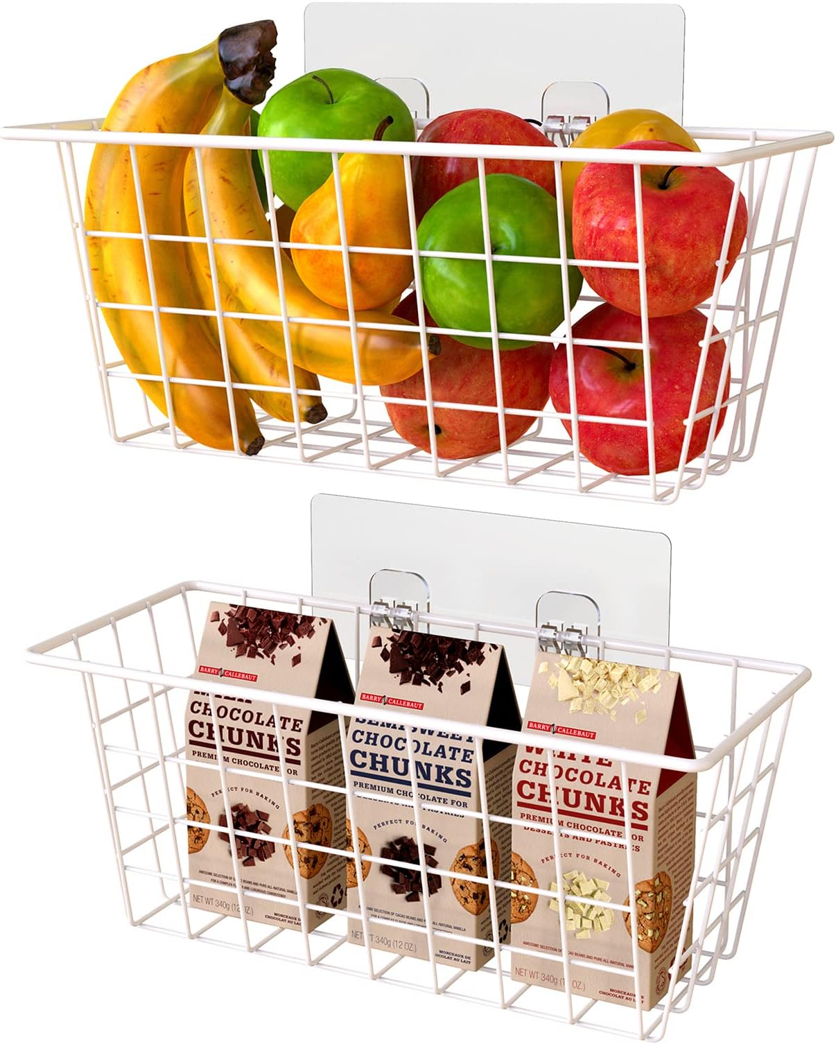 Wall Wire Baskets Bin No Drilling Adhesive Hanging Baskets Wall Mounted for Cabinet & Pantry Organization and Kitchen, Bathroom, Bedroom Storage, 2 Pack, White
