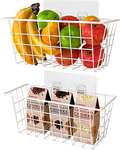 MaraFansie Cestas de alambre para pared, sin perforación, canastas colgantes adhesivas montadas en la pared para organización de gabinetes y