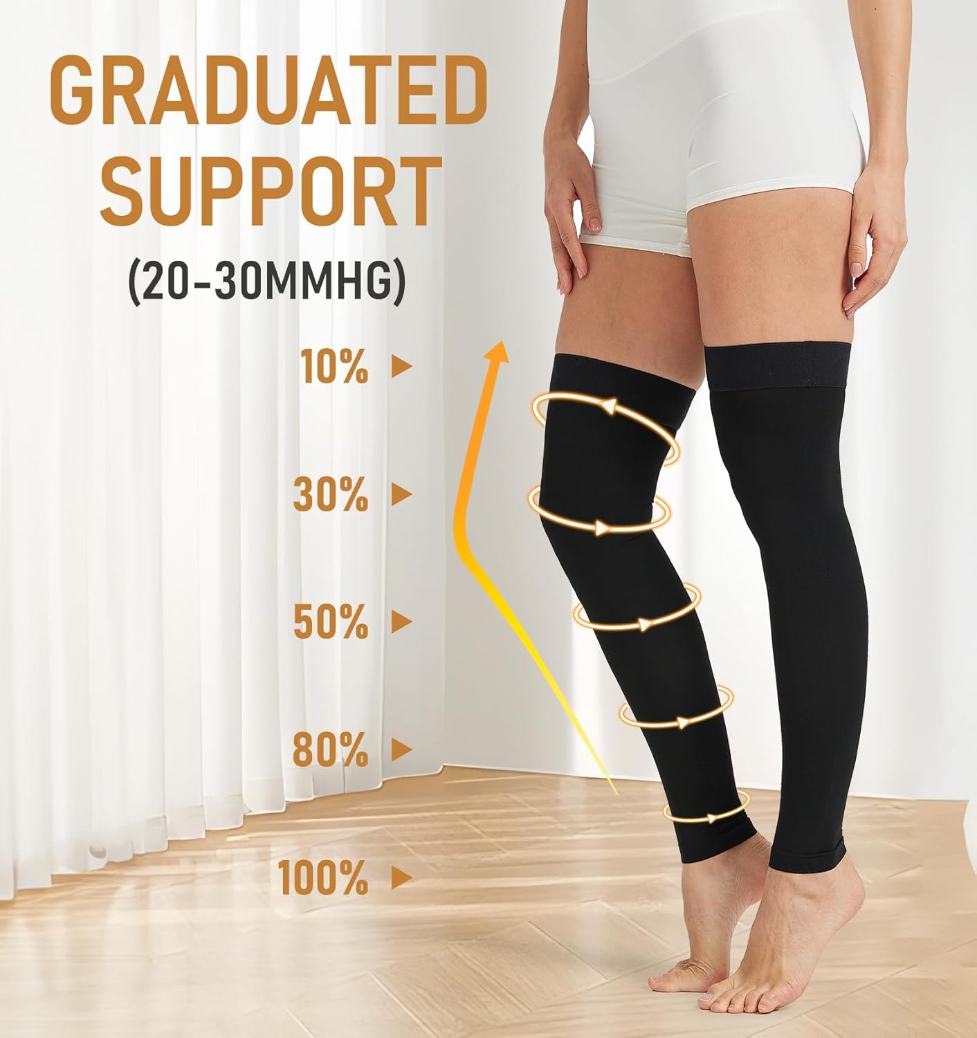 NURCOM 20-30 mmHg Compression Stockings for Women & Men, Thigh High Footless Medical Compression Sleeves with Dot Silicone Band, Graduated Support Hose for Varicose Veins, Edema, DVT, Post Surgery - Image 2