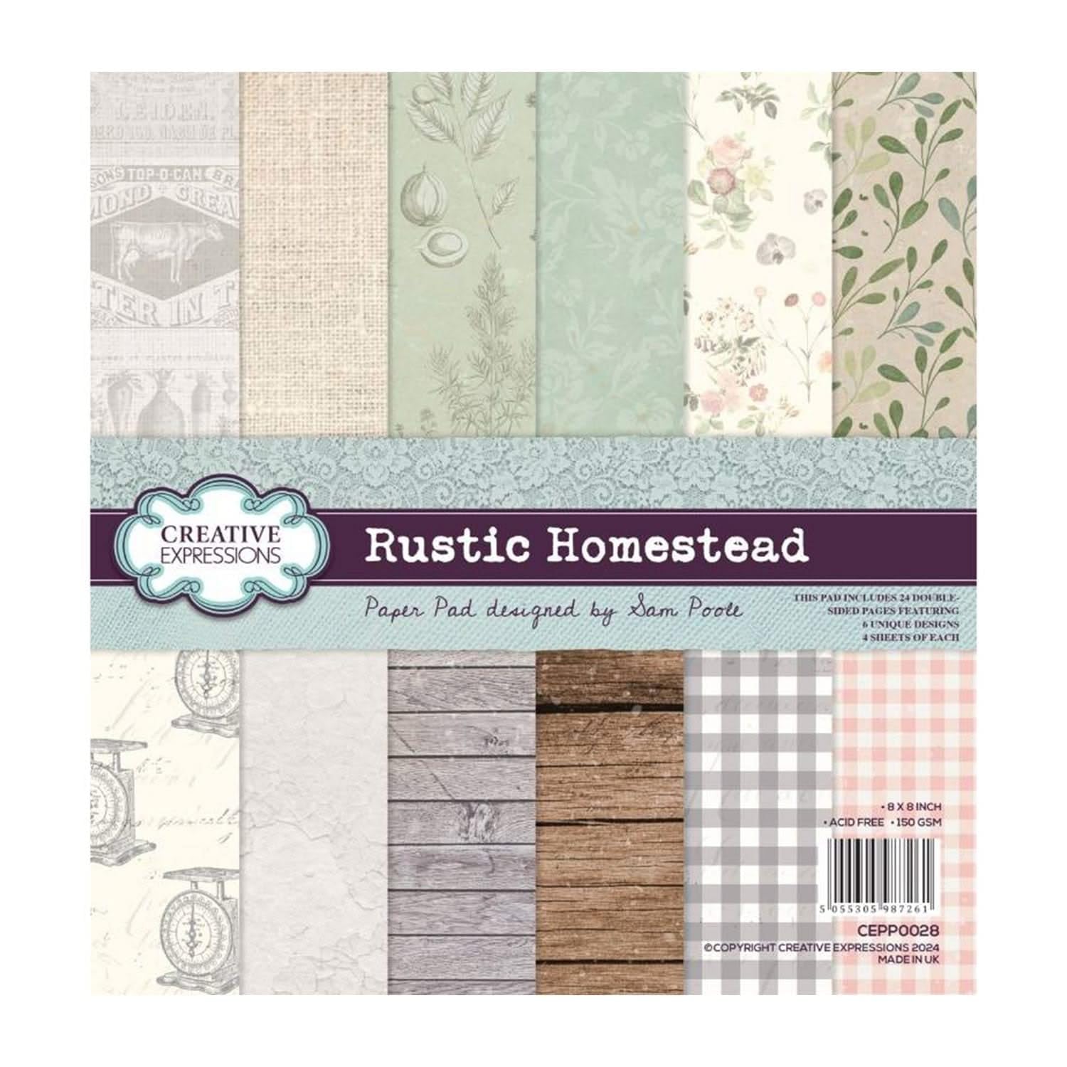 Sam Poole Creative Expressions Rustic Homestead 8 in x 8 in Paper Pad, Multicolourd, 8 x 8 in