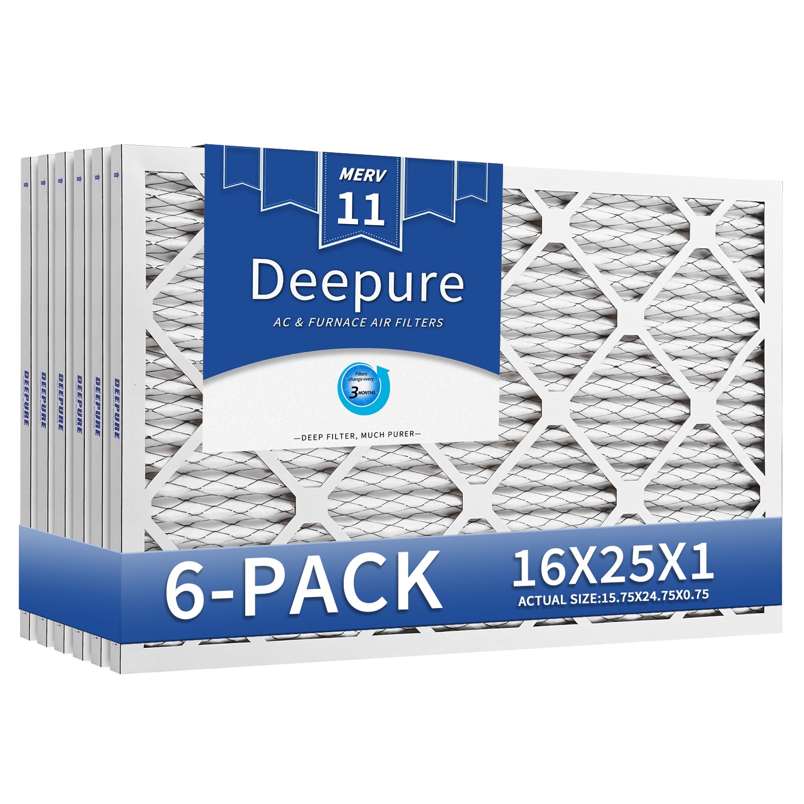 Deepure 16X25X1 MERV 11 Furnace Filter (6 Packs) - MPR 1200 FPR 7 Electrostatic Pleated Air Conditioner HVAC AC Filters