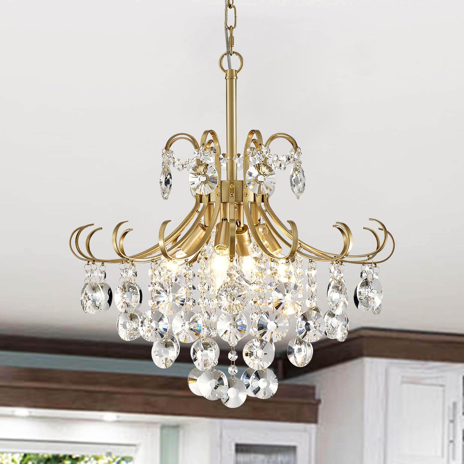 Gold Crystal Chandeliers for Dining Room, 4-Light Modern Crystal Light Fixture, Living Room Bedroom Pendant Ceiling Lamp, Luxury Hanging Light, H 17.7'' x W 18.1''