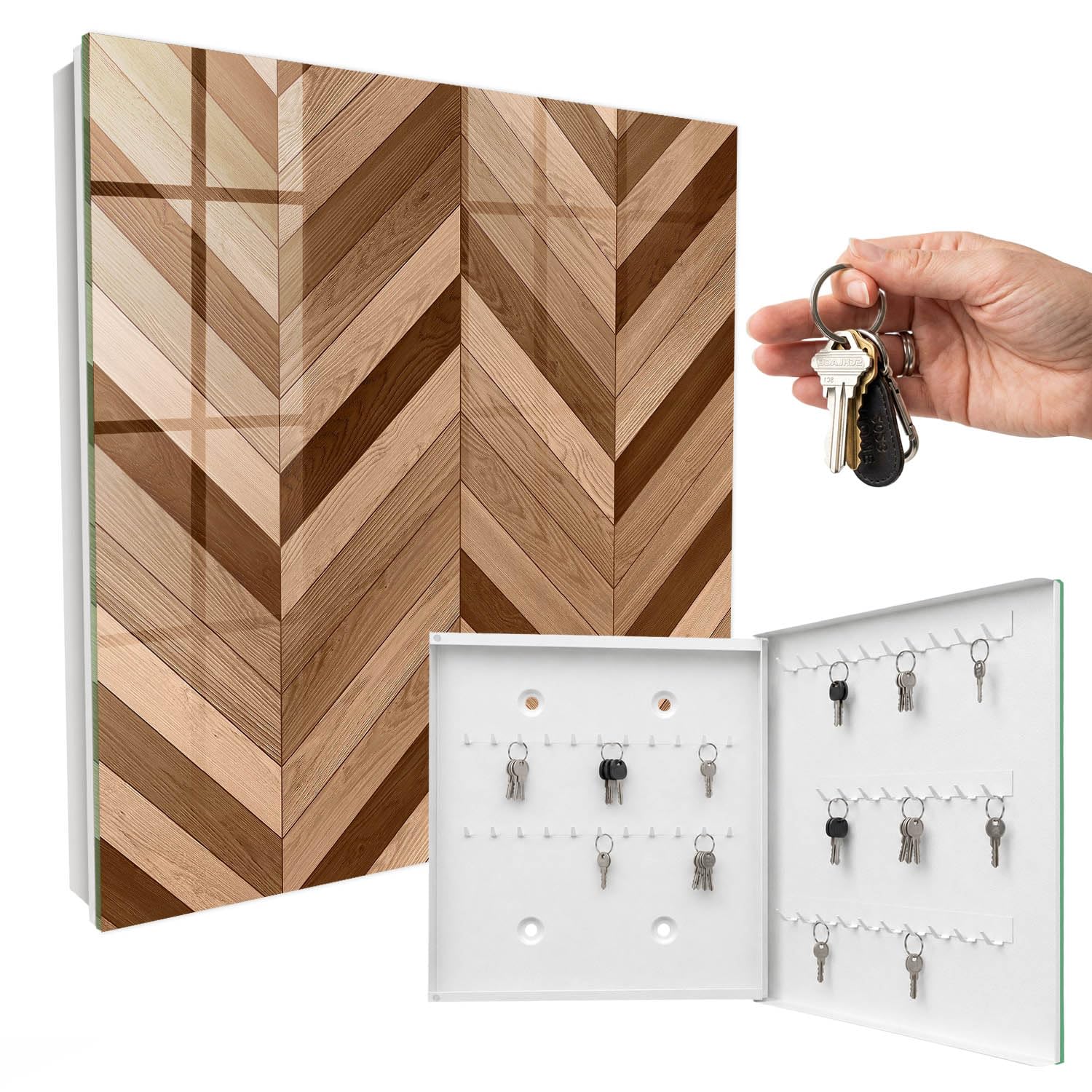 Armadietto portachiavi 30x30 cm Spina di pesce in legno Porta Destra Bianco | Appendiabiti | Bacheca | Vetrinetta | Nicchia | Casellario | Armadio | Gancio | Quadro | Mobiletto | Contenitore | Supporto