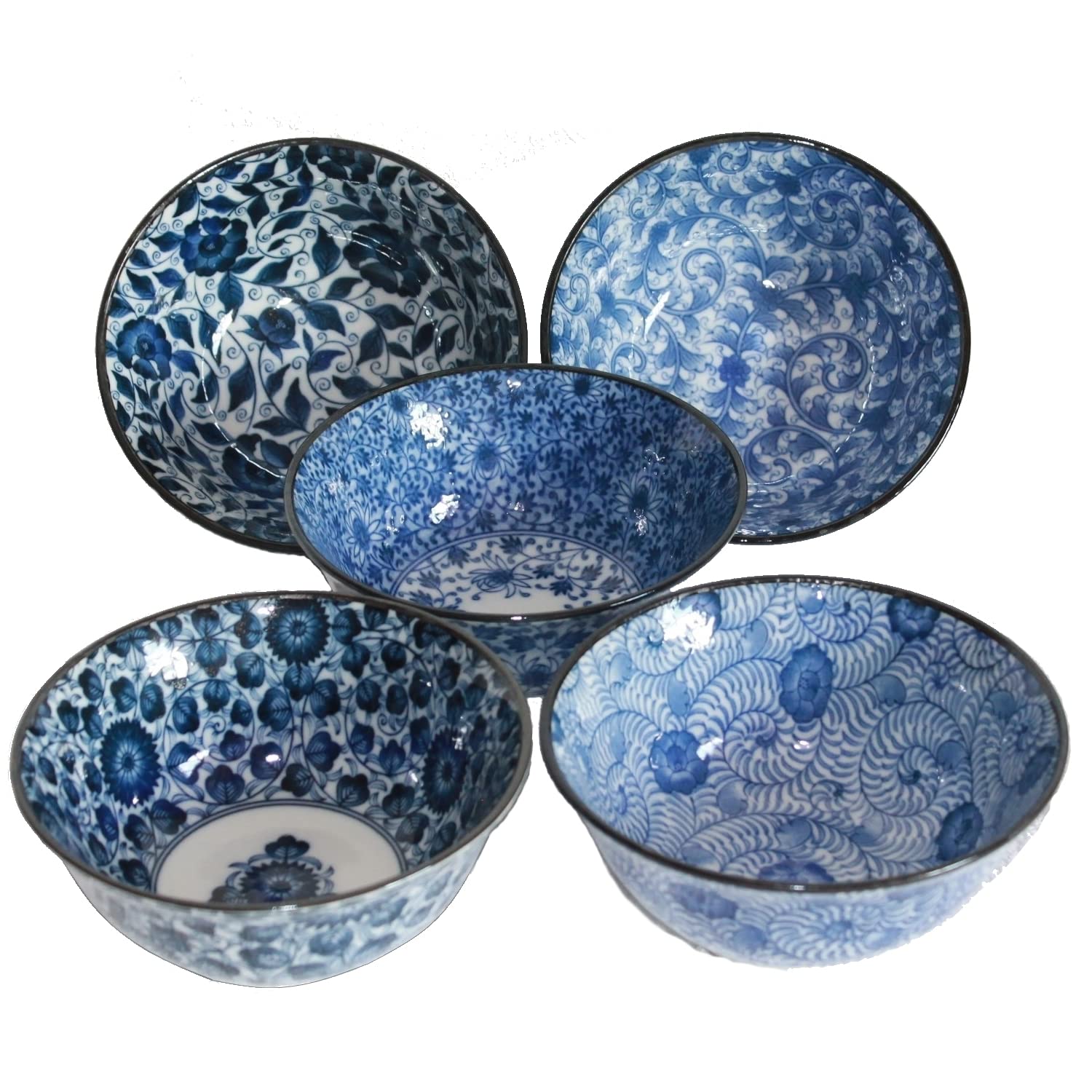 Matcha - Reisschalen 5-er Set Japan Porzellan blau weiss Blumen, Nr. 070