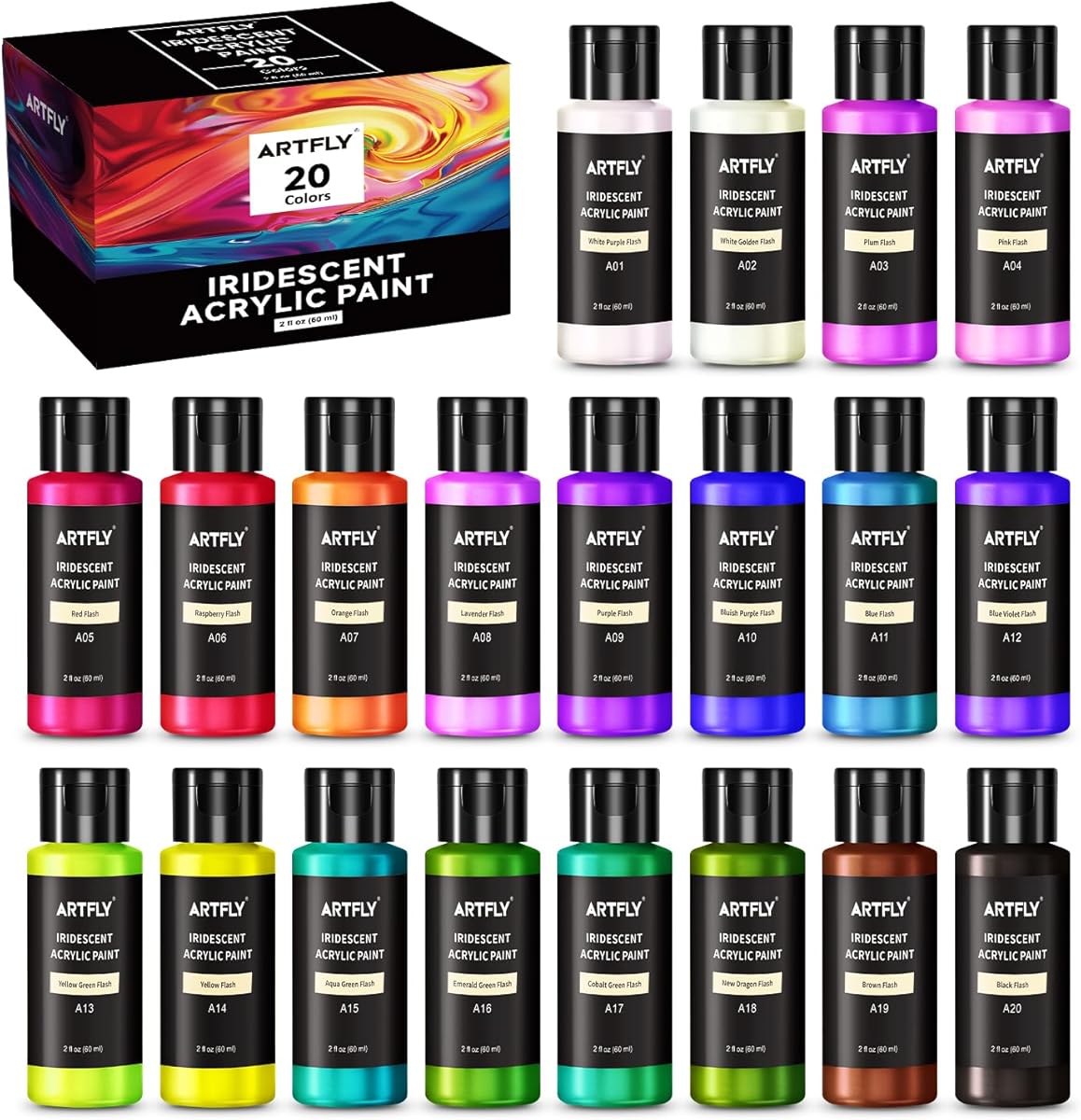 ARTFLY Set di colori acrilici iridescenti, 20 colori camaleonte in flaconi da 2oz/60ml, colori acrilici cangianti, colori cangianti perfetti per artisti e principianti su tela, rocce, legno, tessuto,