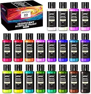 ARTFLY Set di colori acrilici iridescenti, 20 colori camaleonte in flaconi da 2oz/60ml, colori acrilici cangianti, colori cangianti perfetti per artisti e principianti su tela, rocce, legno, tessuto,