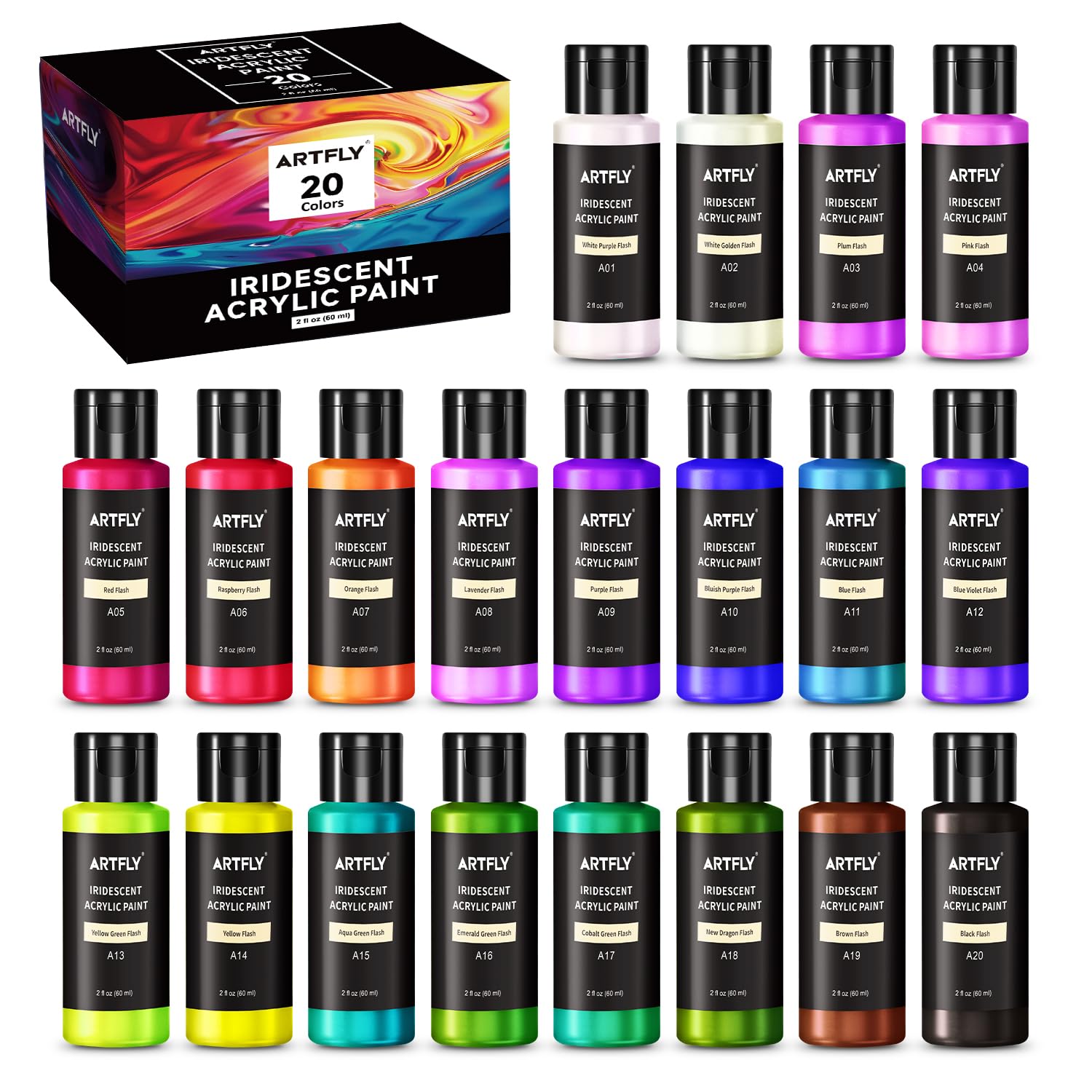 ARTFLY Iridescent Acrylic Paint Set, 20 Chameleon Colors in