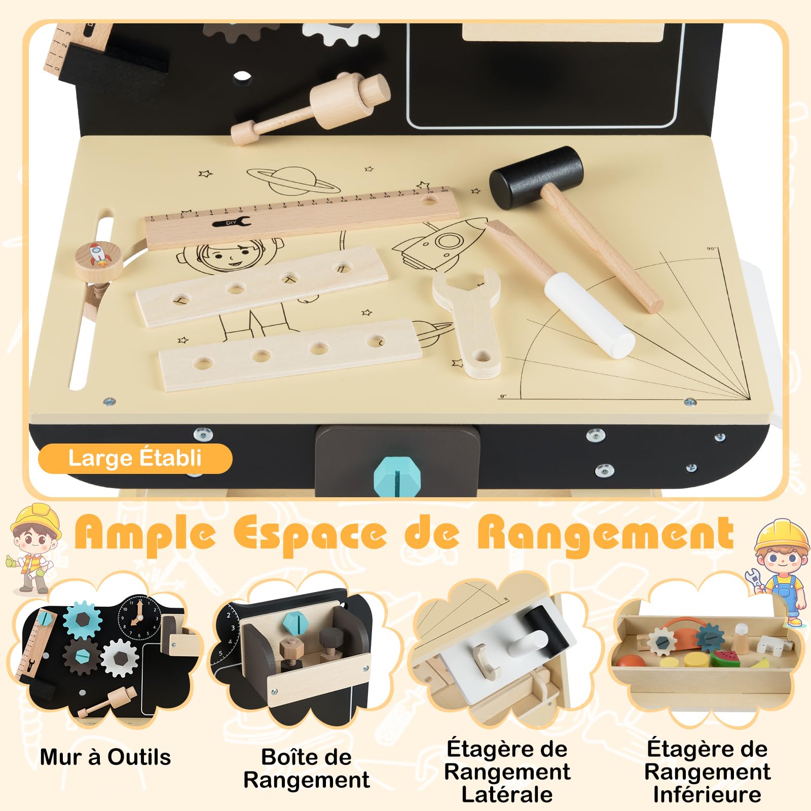 COSTWAY Établi Enfant avec Outils et Accessoires, Atelier Bricolage Enfant en Bois avec Étagères de Rangement, Tableau Noir, Horloge, Marteau, Tournevis, pour Garçons et Filles de 3+ Ans