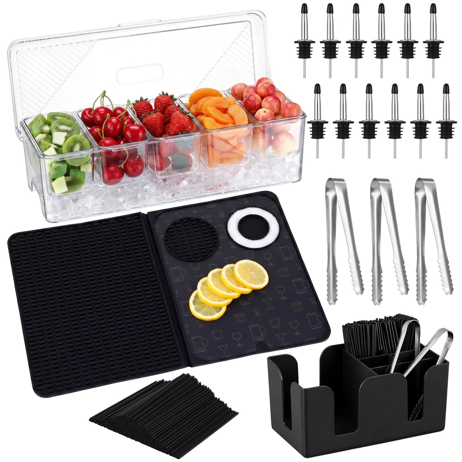 Didaey Bar Accessories - Bandeja de decoración con tapa, 12 vertedores de botellas de acero inoxidable, 3 pinzas para servir, 500 pajitas de cóctel, suministros de barman para barman