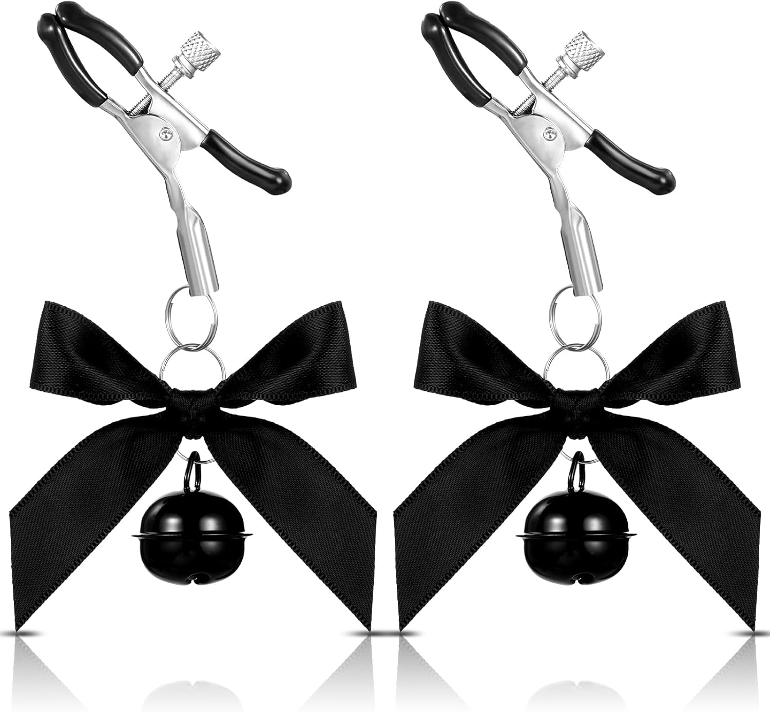 2Pcs Body Jewelry Non Piercing, Adjustable Nipple Clamps for Adult, Stainless Steel Bow Nipple Clips with Bell, Pressure Nipple Clamps with Chain, Black Nipple Jewelry for Adults