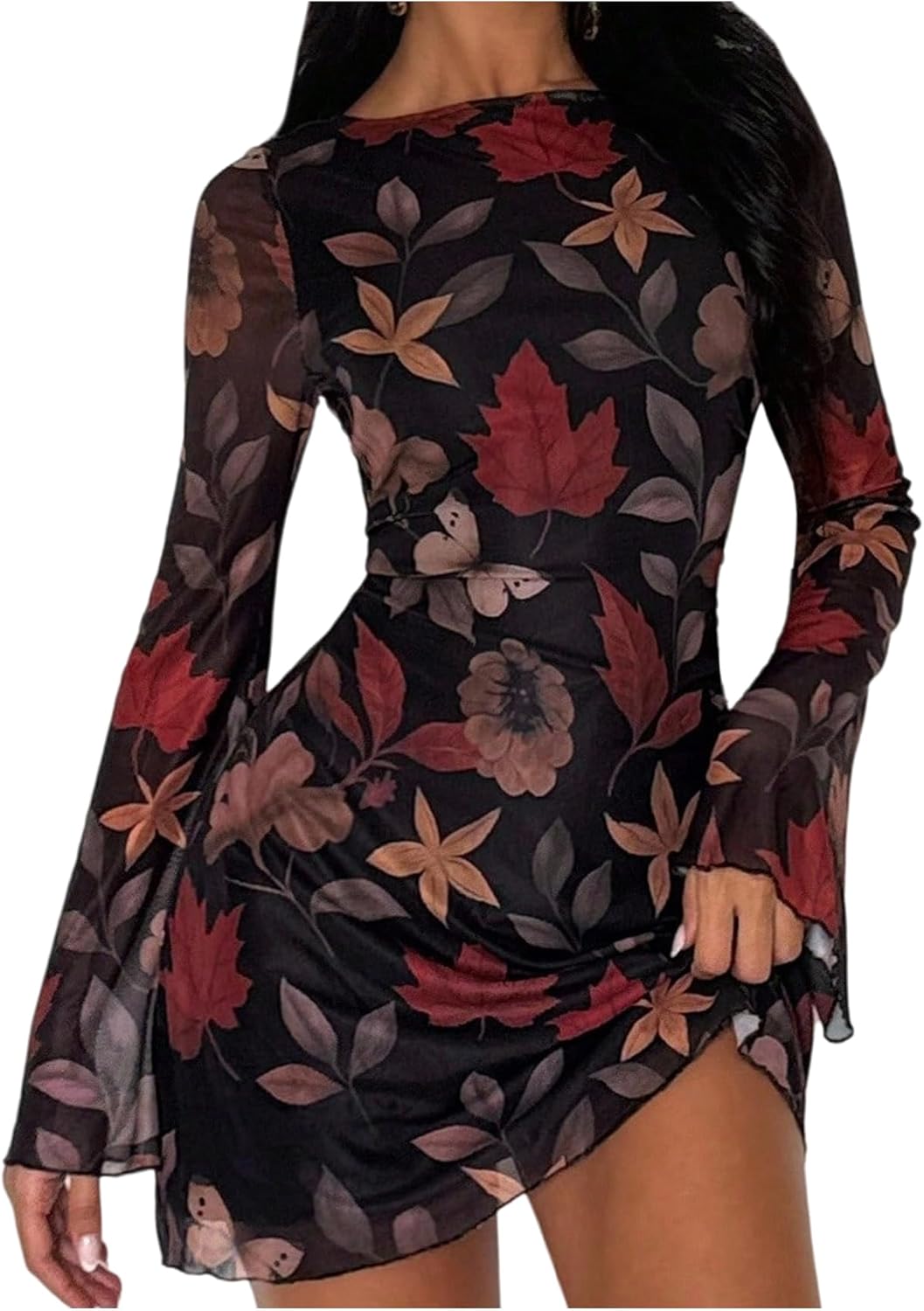 Milumia Women's Floral Bell Long Sleeve Mini Dress Boat Neck Mesh Short Dresses