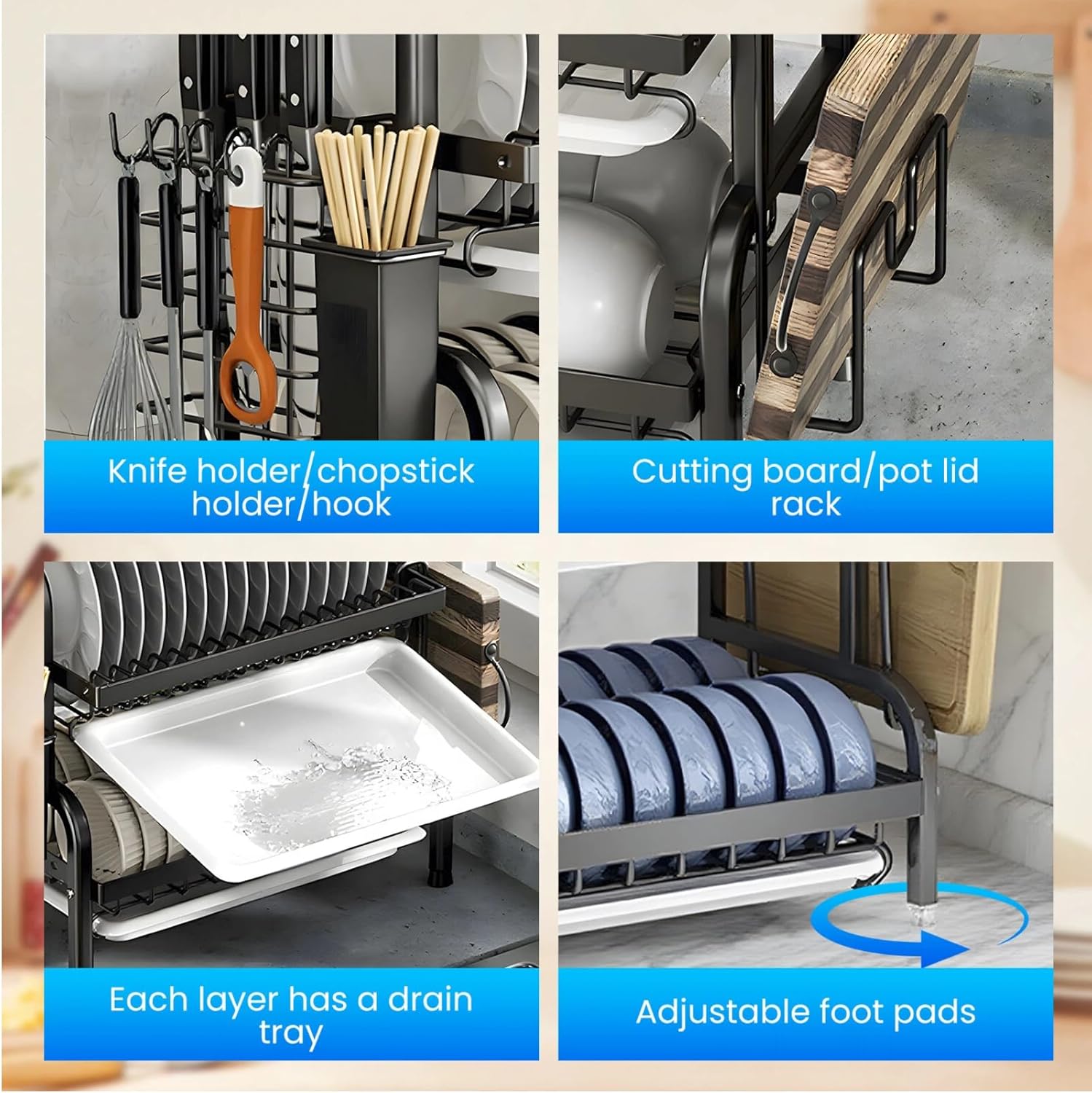 3-Tier Large Capacity Kitchen Organizer - Stainless Steel Dish Drying Rack with Drainboard, Utensil Holder & Adjustable Hooks, Multi-Functional Rust-Proof Dish Drainer for Kitchen Counter