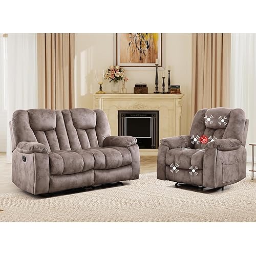 EBELLO 2 Piece Reclining Living Room Set, Soft Fabric Manual Recliner Sofa Set, Included Recline Chair with Massage and Heat and Loveseat Daul Recliner, Light Brown