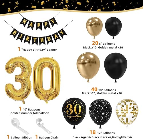 Miniatura 2 de Juego de globos de decoración de fiesta de oro negro número 30 de 40 pulgadas, globos gigantes dorados con pancarta de cumpleaños, guirnalda de arco