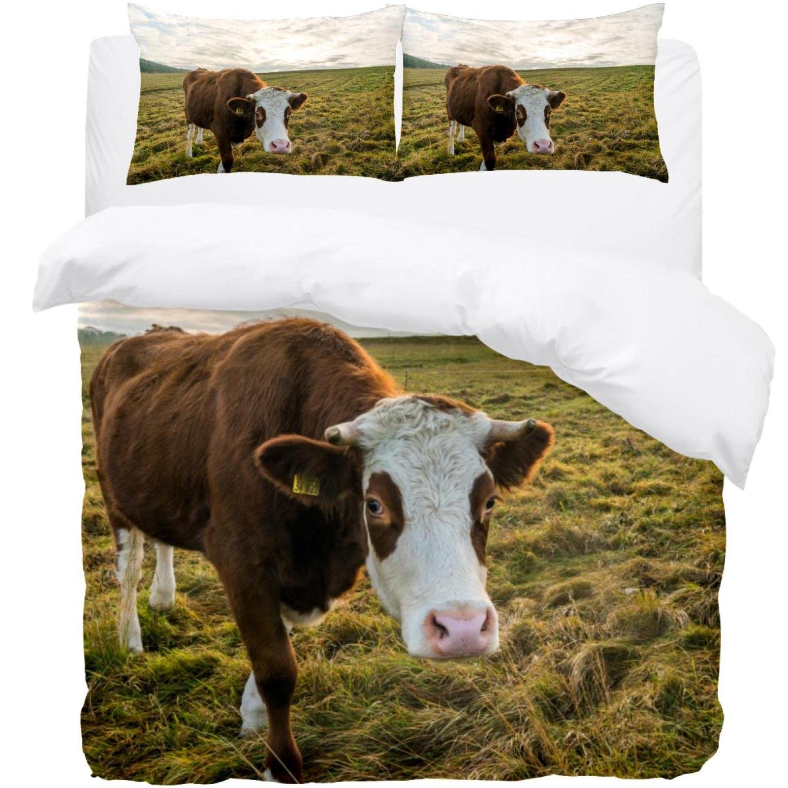 Housse de couette douce lit simple 3 pièces bleu ciel herbe et vache anti-plis