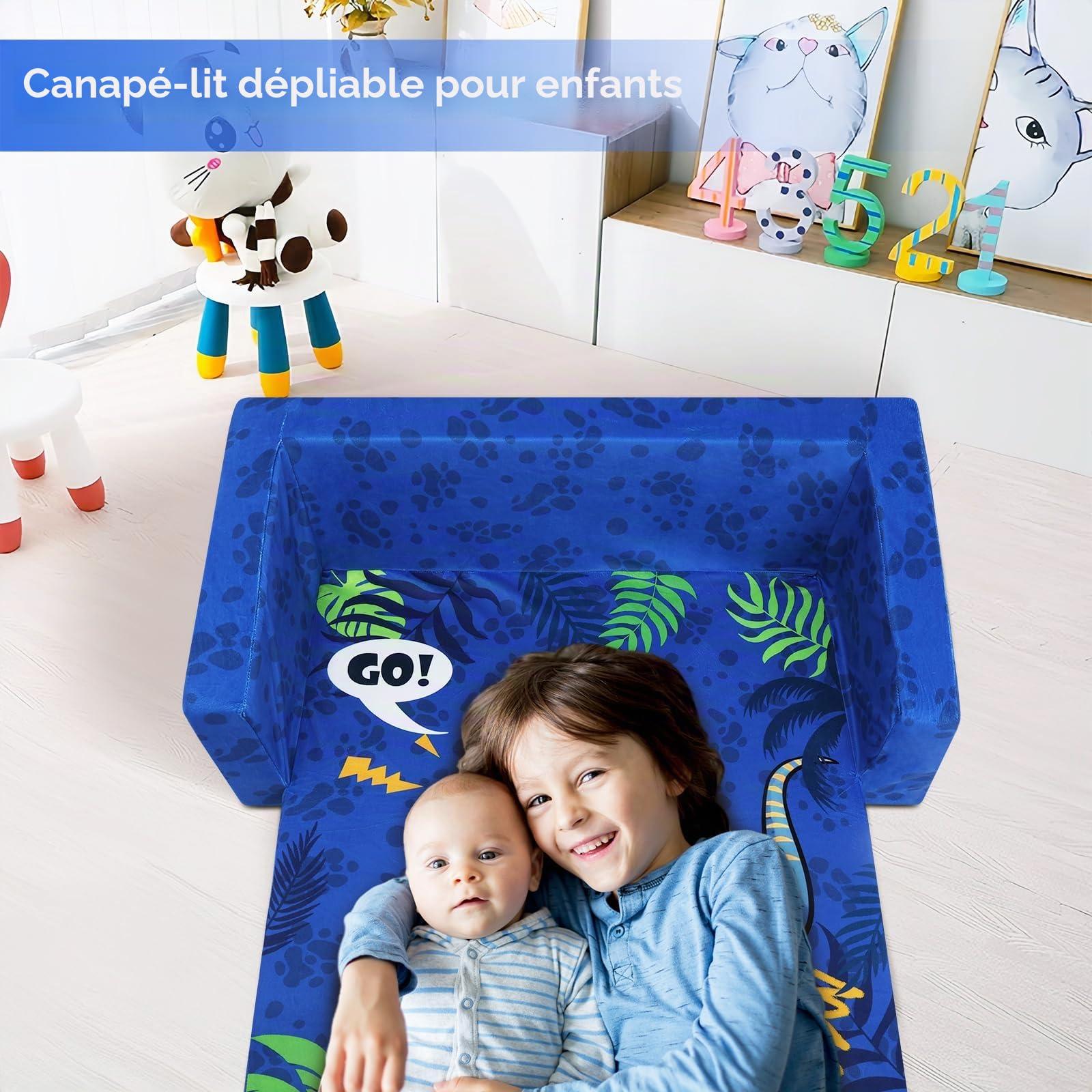 Canapé Enfants Canapé-Lit 2 Places Convertible, Lit Pliant 2 en 1 Fauteuil Enfant Stable avec Tapis Antidérapant, Chaise-Lit Couchette Enfant pour Chambre à Coucher Salle de Jeux (Dinosaures)