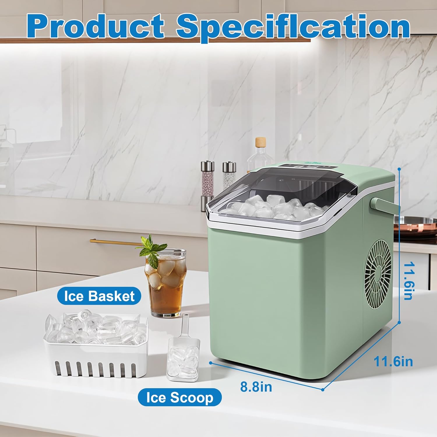 Ice Maker, iceBlue 5 Levels of Bullet Ice Sizes Countertop Ice Maker, 9 Ice Cubes Ready in 9 Mins Ice Machine, 26.5lbs Per Day Stainless Ice Makers Countertop for Home, Kitchen, Gift - Green