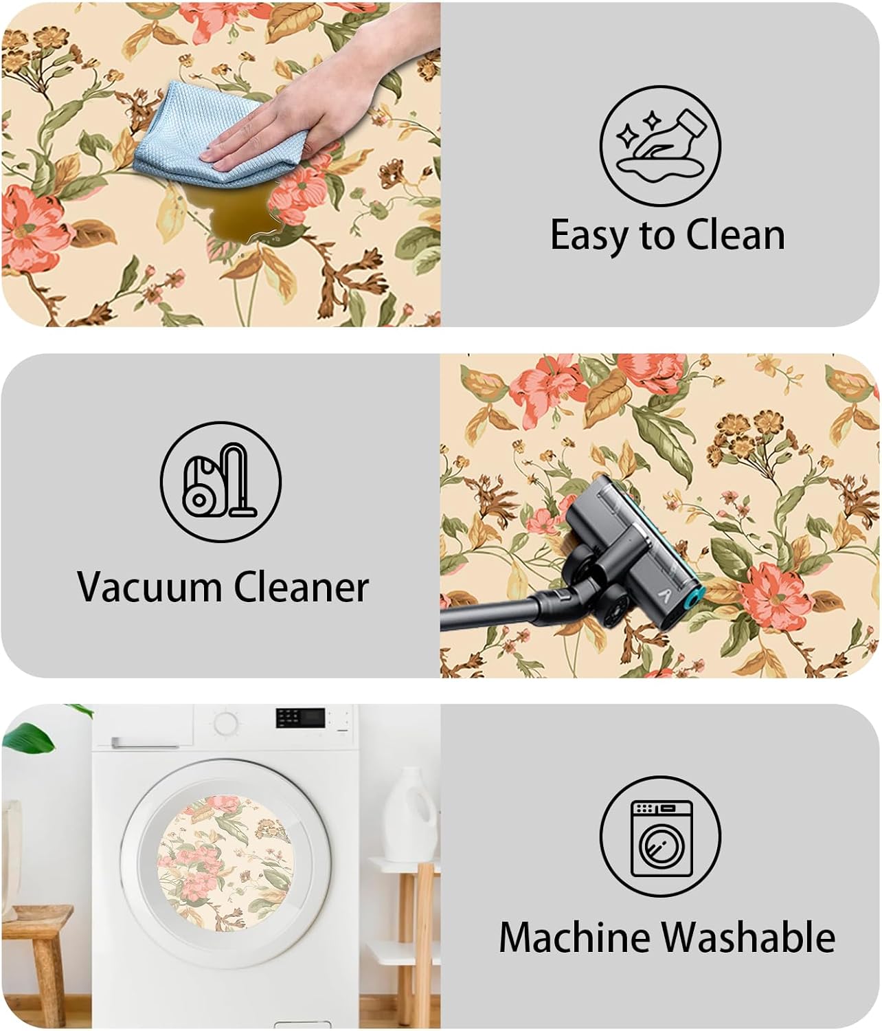 Flower Rugs for Kitchen Floor, Anti Fatigue Mats for Kitchen Floor Non Slip, 2PCS Rubber Kitchen Mat, Washable Cushioned Runner Carpet Rug for Sink Laundry Room Decor 15.7"×27.5" +15.7"×47