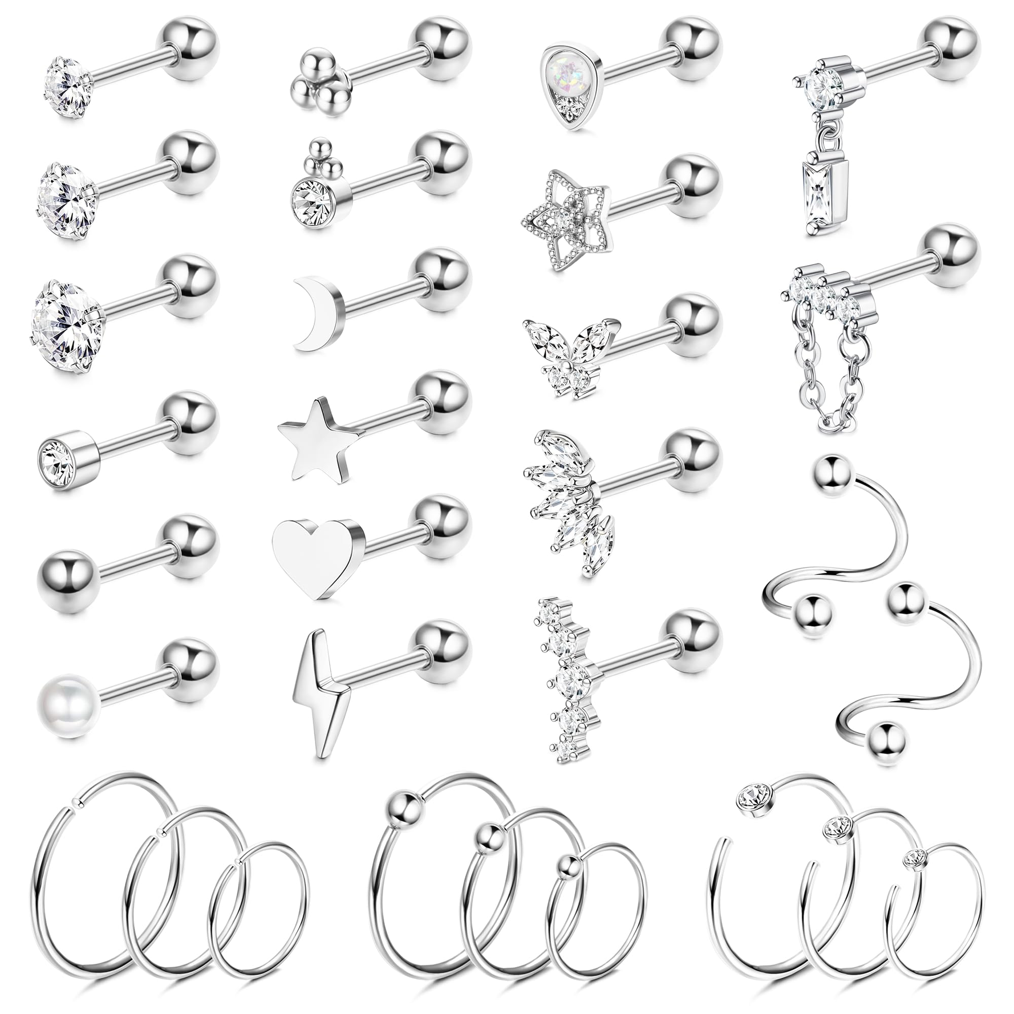 JeweBella 30 Piezas 16G Helix Tragus Pendientes para Mujer Acero Quirúrgico CZ Bola Perla Corazón Estrella Luna Pendientes Tuerca Piercing Oreja Cartílago Helix Conch Tragus Daith