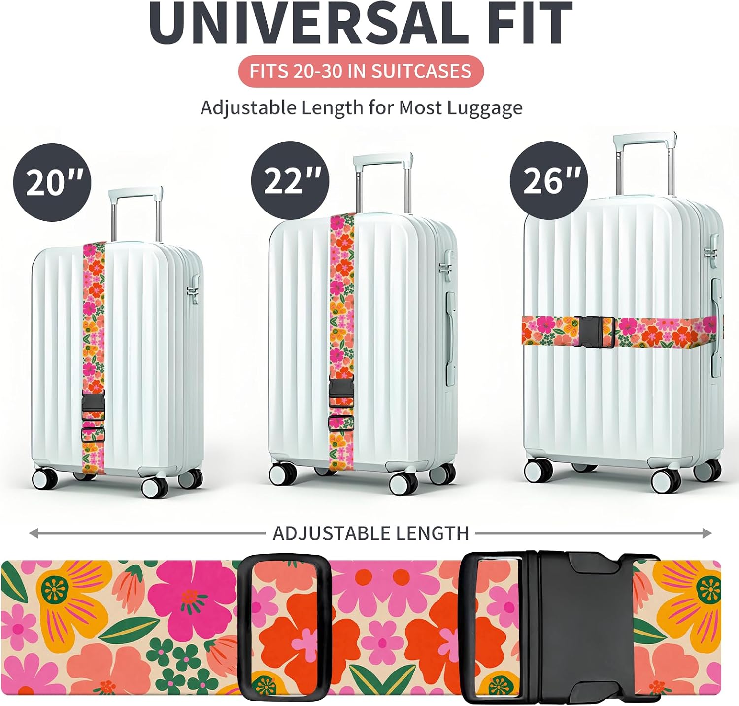 Luggage Strap for Suitcases Adjustable Travel Belt with Quick Release Buckle, Cute Travel Accessories for Suitcase Strap Cute Flowers