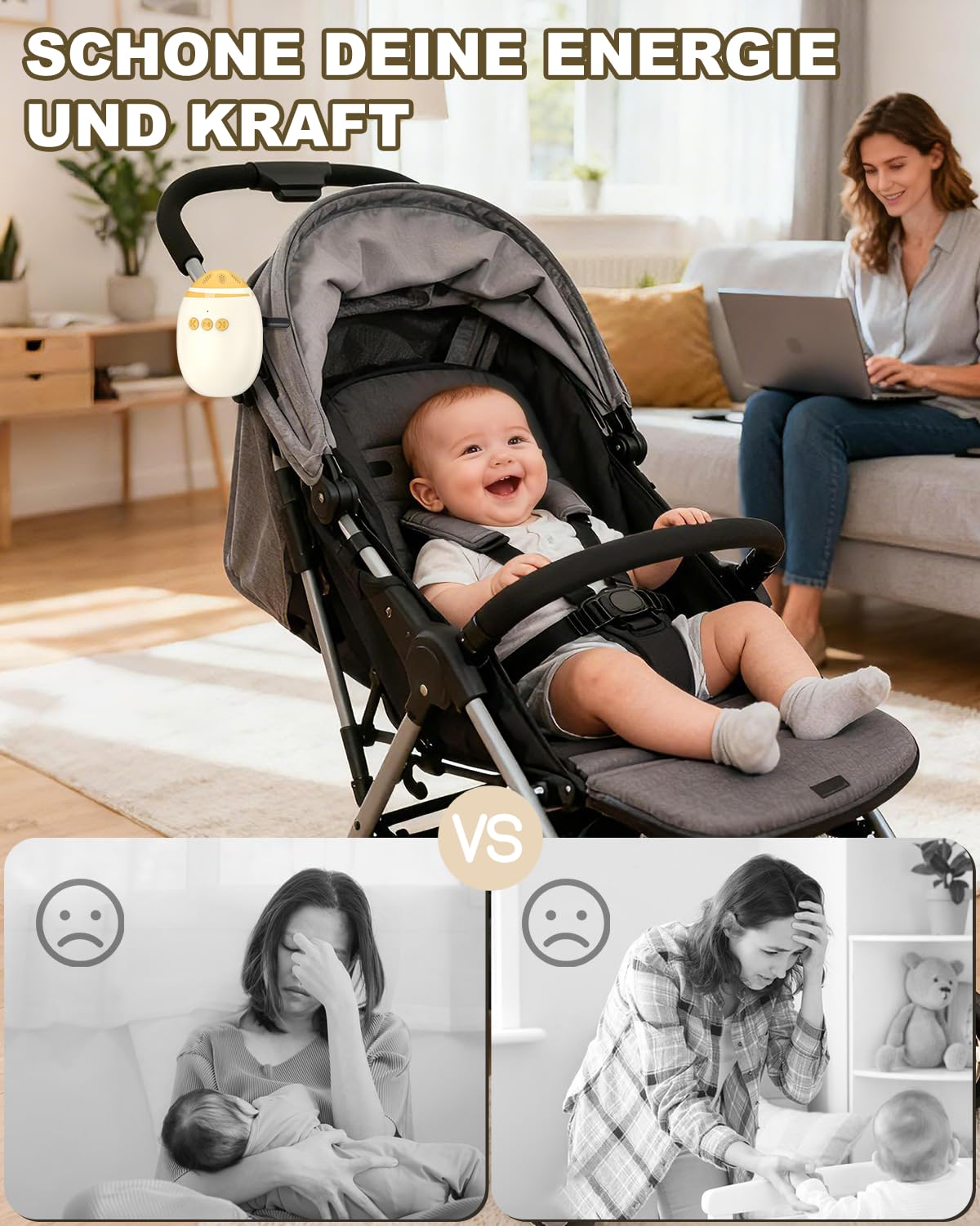 Passeggino con rumore bianco, vibratore per passeggino con 11 suoni rilassanti, supporto per dormire ricaricabile, regolazione continua, funzione portatile e Bluetooth per passeggini e passeggini