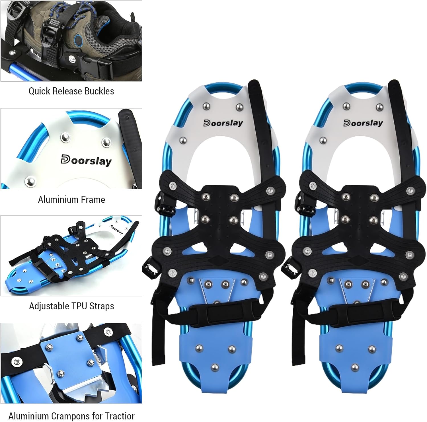 Doorslay 5-in-1 Snowshoes for Men Women Youth Kids, 21/25 Inches Lightweight Aluminum Alloy All Terrain Snowshoes for Hiking, with Trekking Poles, Snow Baskets, Storage Clip and Carrying Tote Bag
