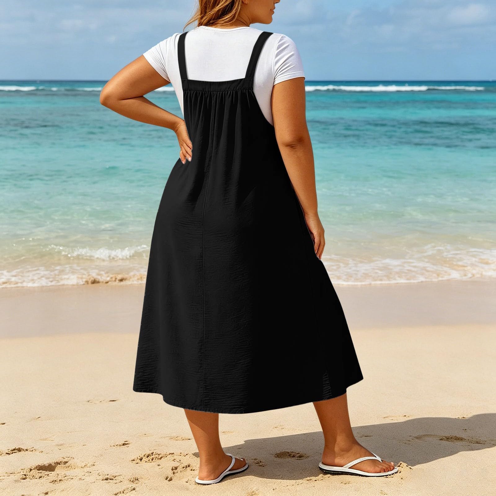 Robe Salopette Grande Taille à Bretelles boutonnées, Coupe Ample, Robe d'été décontractée, Robe Unie froncée