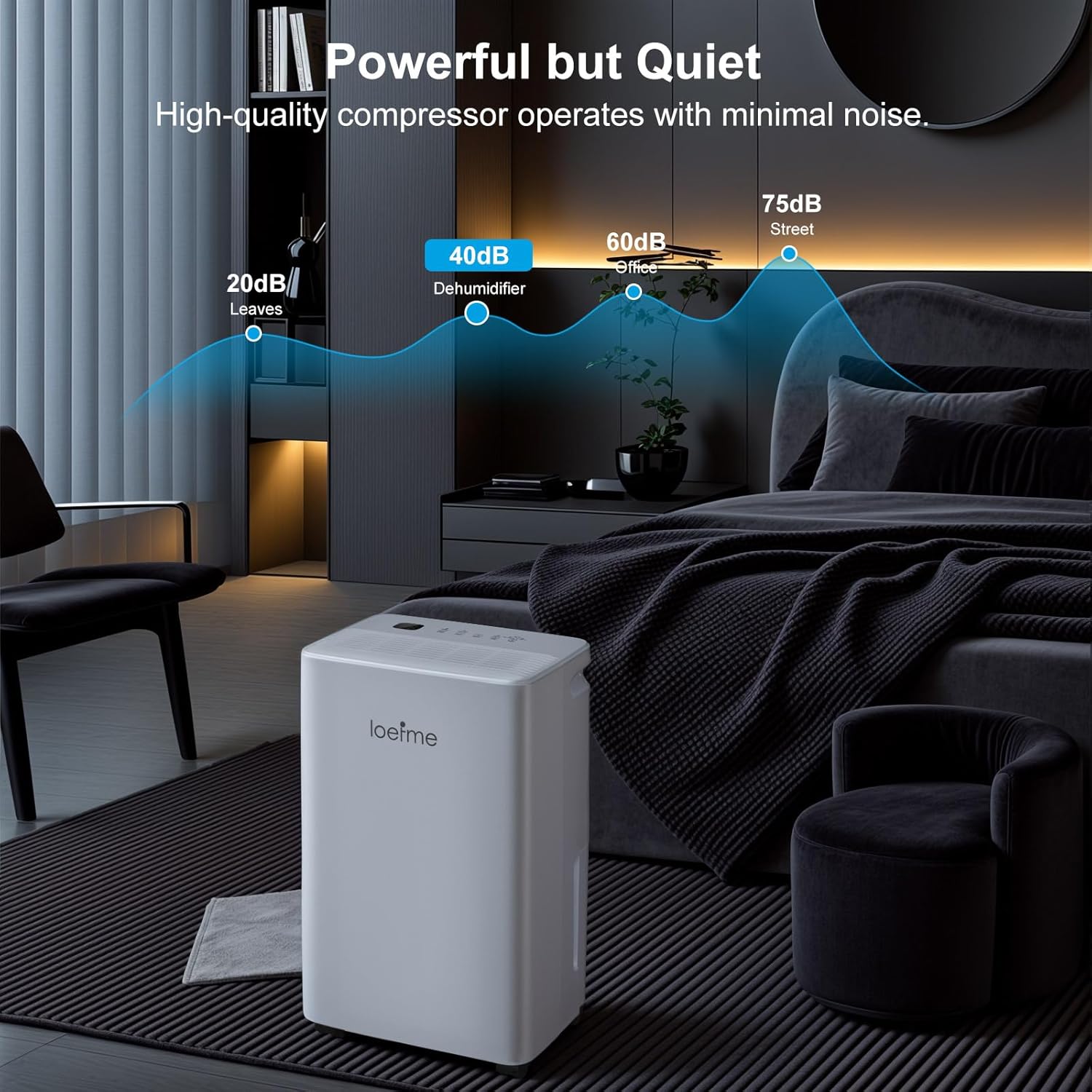 LOEFME Dehumidifier showing water tank and continuous drainage options