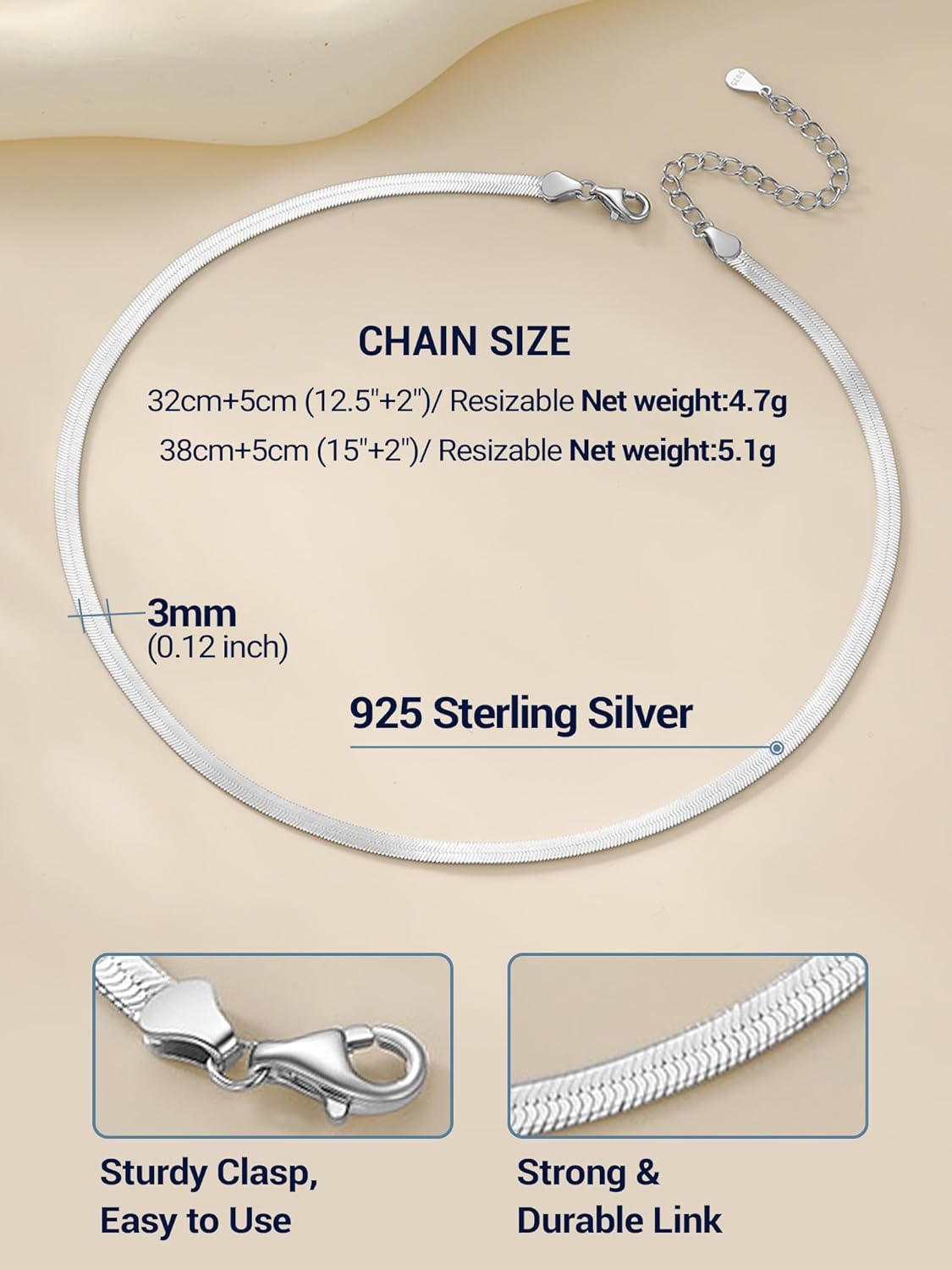PROSTEEL 3mm/5mm Herringbone Choker Necklace for Women, 12.5"/15"/18", Stainless Steel/Sterling Silver Flat Snake Chain in Silver/Yellow Gold/Rose Gold/Black, Come with Box