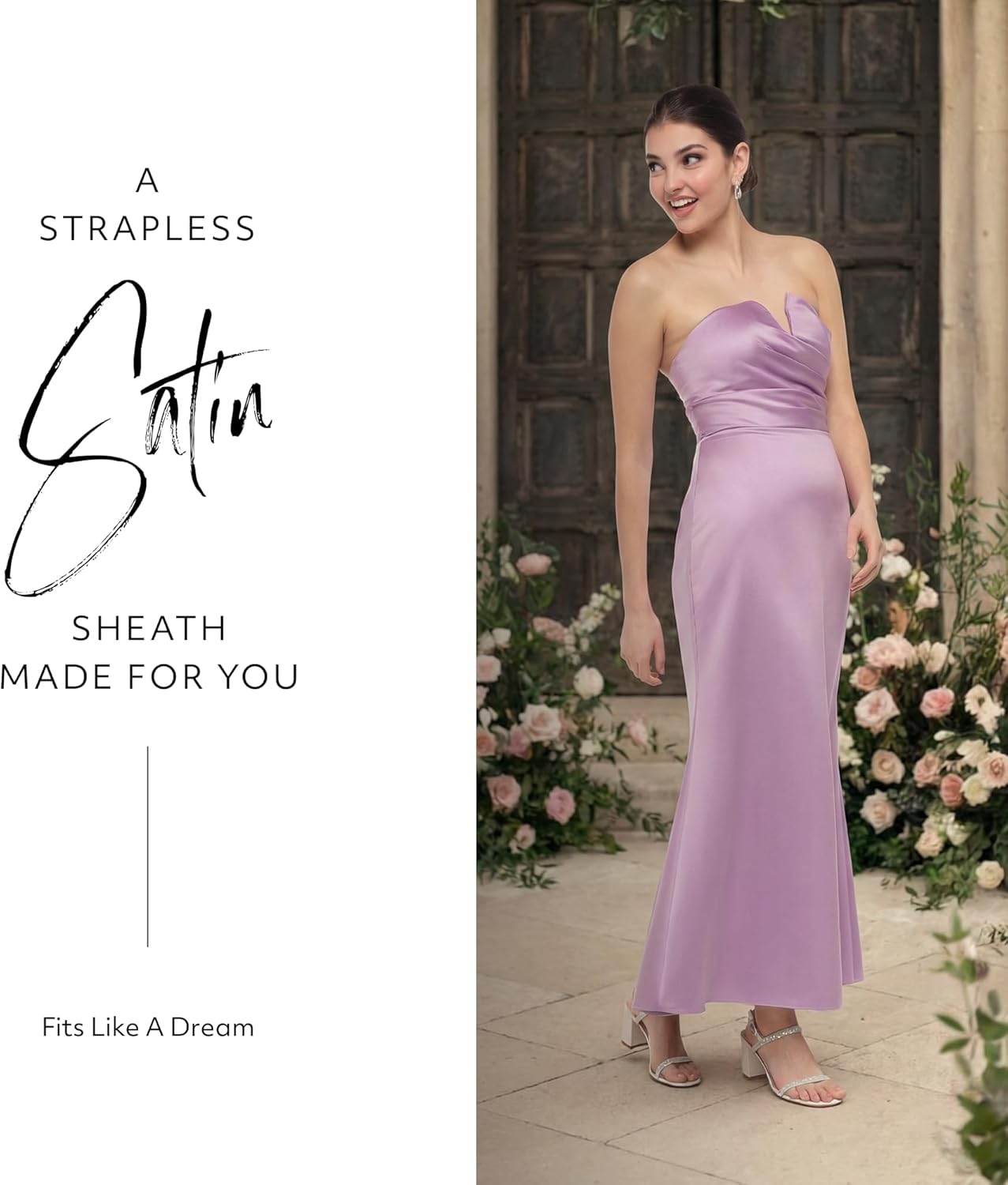 David's Bridal The Edit Studio Strapless Satin Notch Neckline Sheath Dress in Bouquet, Elegant Cocktail Dress for Weddings - Image 2