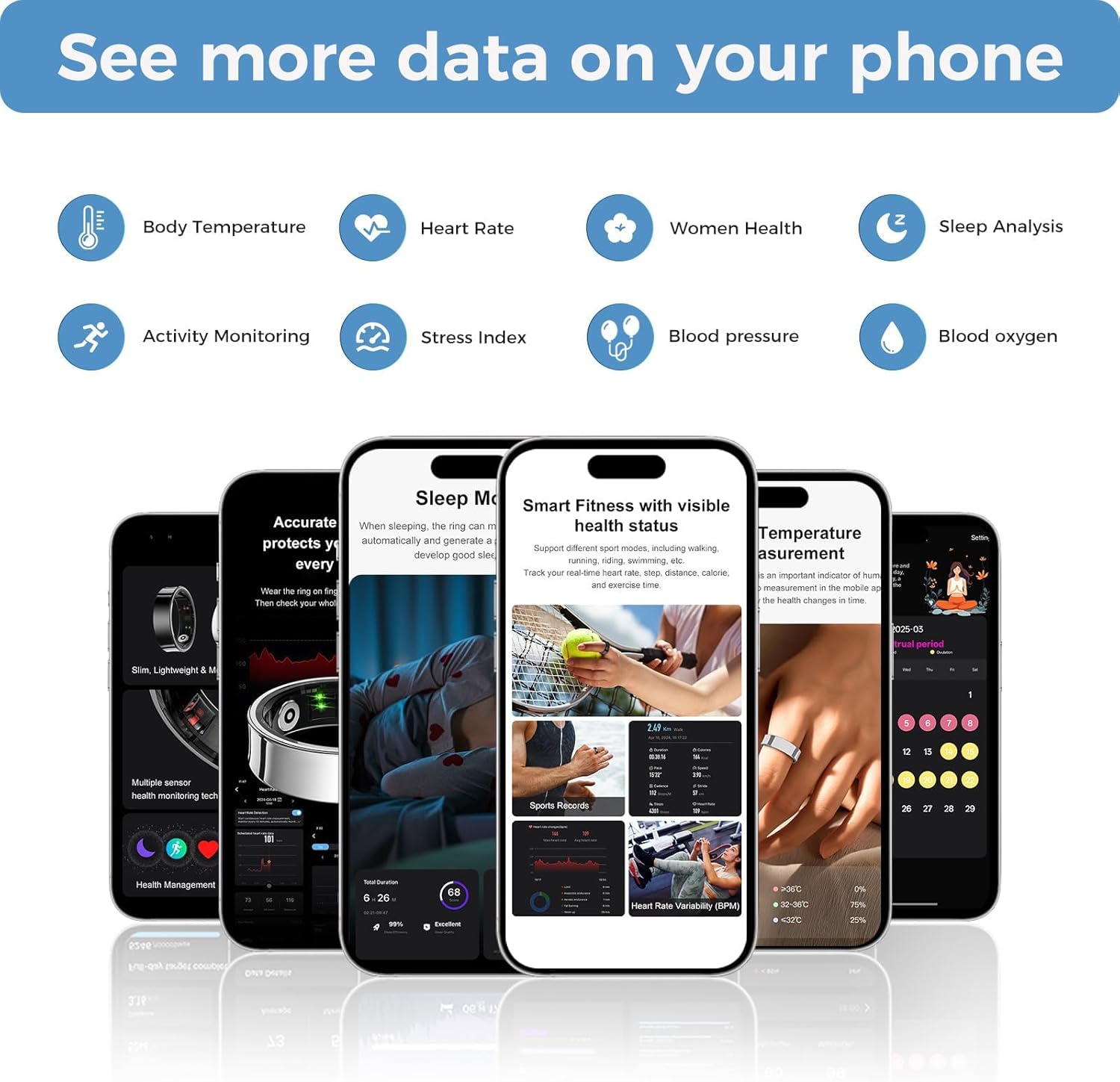 Smart Ring for Men Women, Health & Fitness Tracker with Heart Rate, Sleep Monitor, Step Counter, IP68 Waterproof, Silver #7 - Image 4