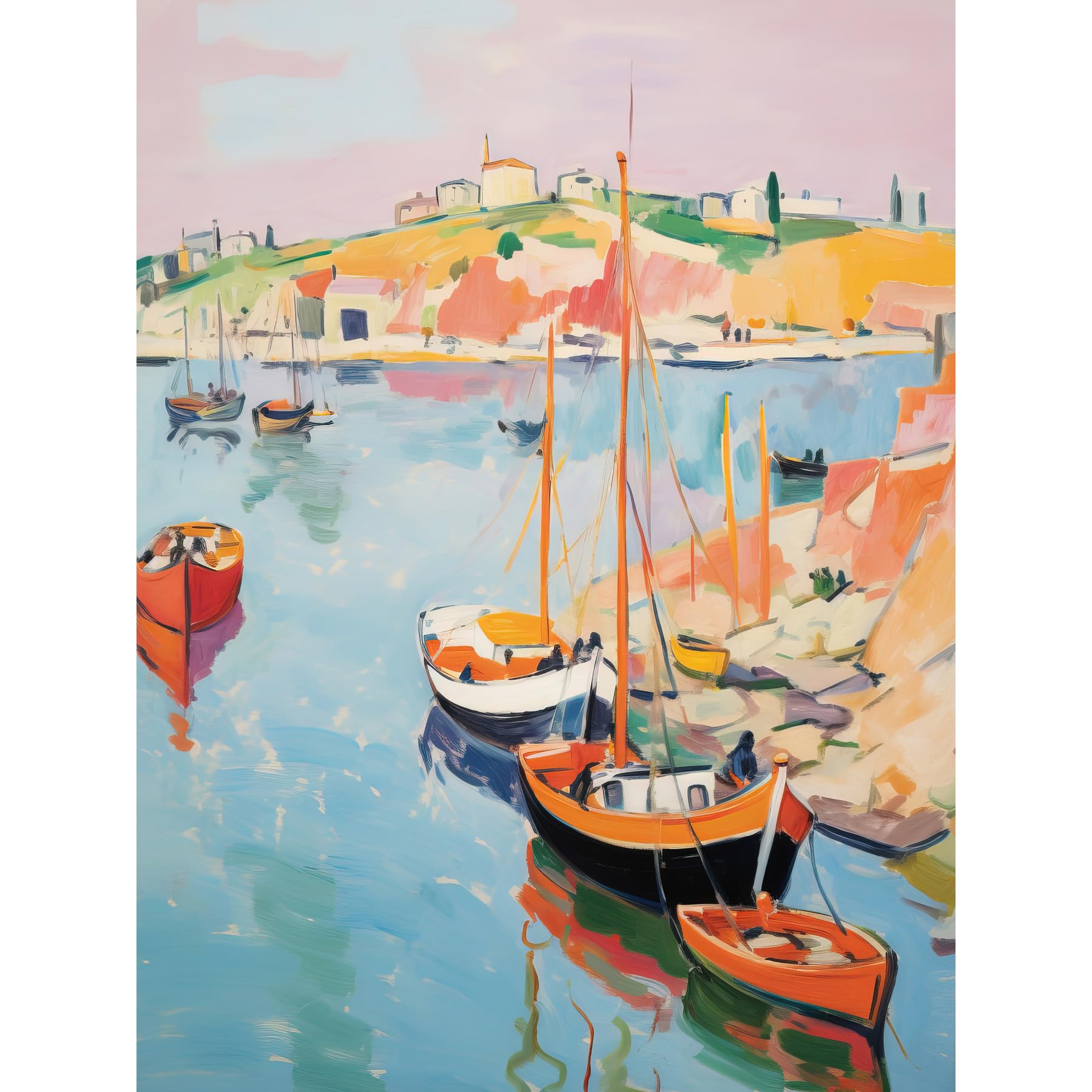 Artery8 Boats in Harbour Fishing Village Coastal Landscape Colourful Abstract Watercolour Painting Large Wall Art Poster Print Thick Paper 18X24 Inch