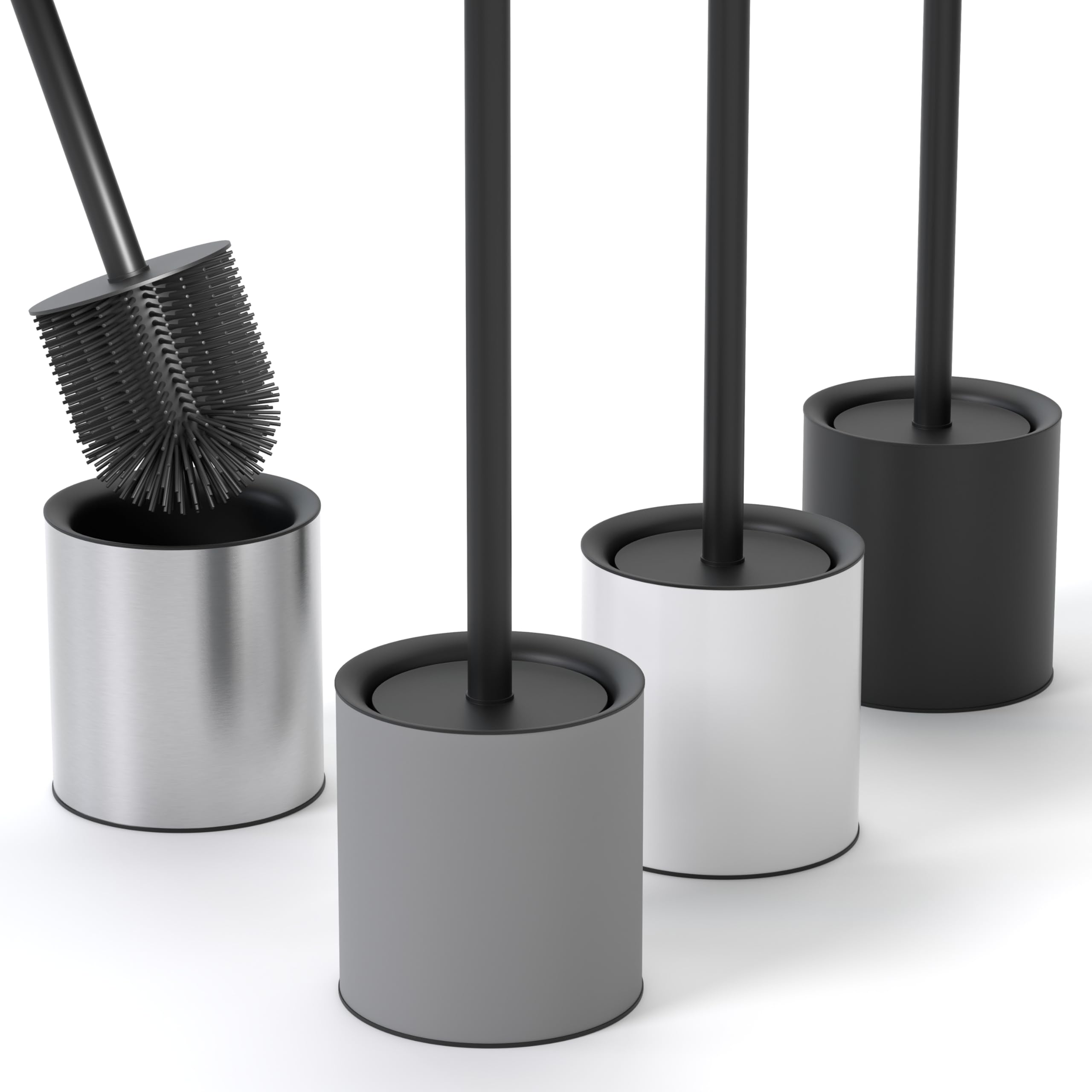 SAVEGA Silicone Toilet Brush Grey with Holder, Discreet Stainless Steel Toilet Brush with Protective Lid