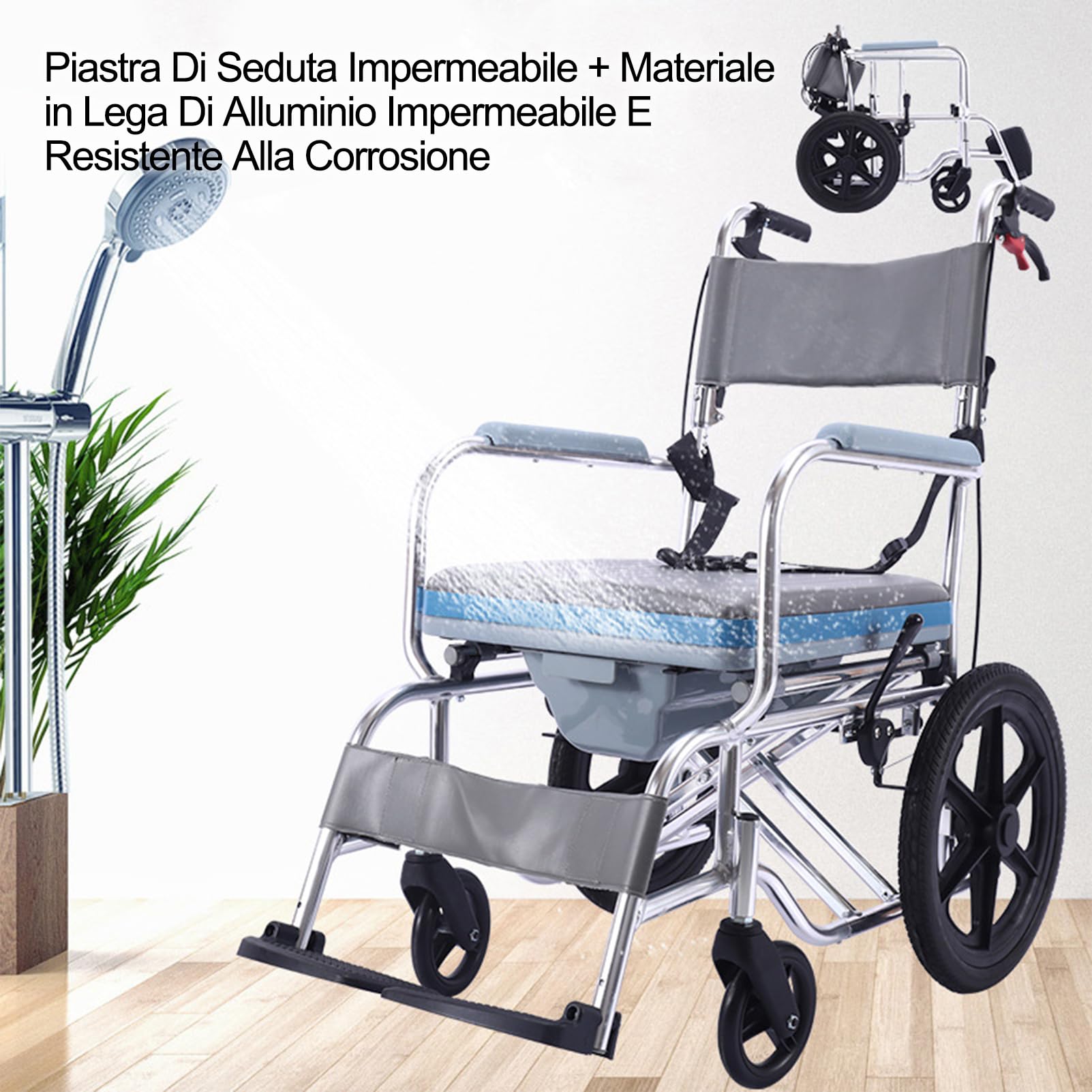 Sedia Comoda WC Imbottita Con Doppio Freno, Sedia Doccia Disabili Con Ruote, Sedia a Rotelle Doccia, Sedia Comoda WC per Anziani Con Ruote, Carrozzina Wc Disabili