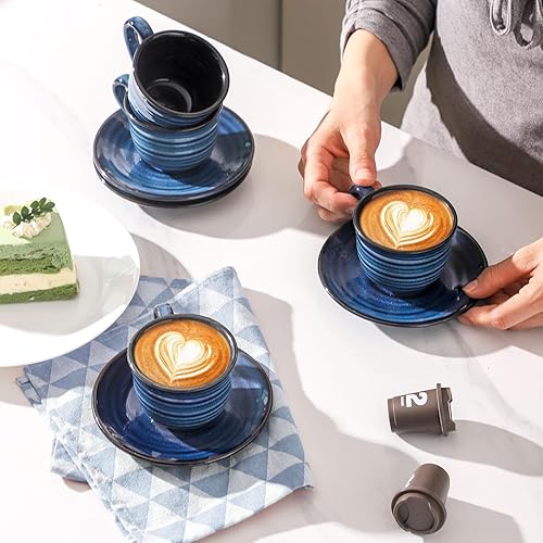 Miniatura 3 de Tazas de café expreso de cerámica con platillos de 5 onzas, juego de 4 tazas de capuchino con asa para café, té, café con leche y macchiato, juego