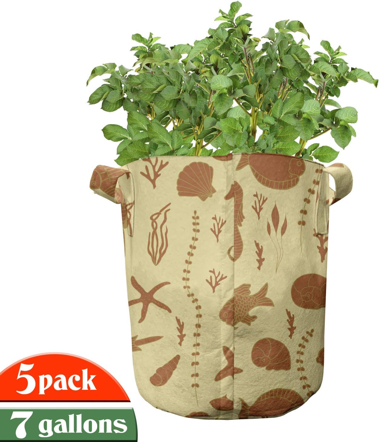 Lunarable Underwater Grow Bags 5-Pack, Fishes Corals Shells, Heavyduty Fabric Pots with Handles for Plants, 7 Gallon, Pale Yellow Ginger