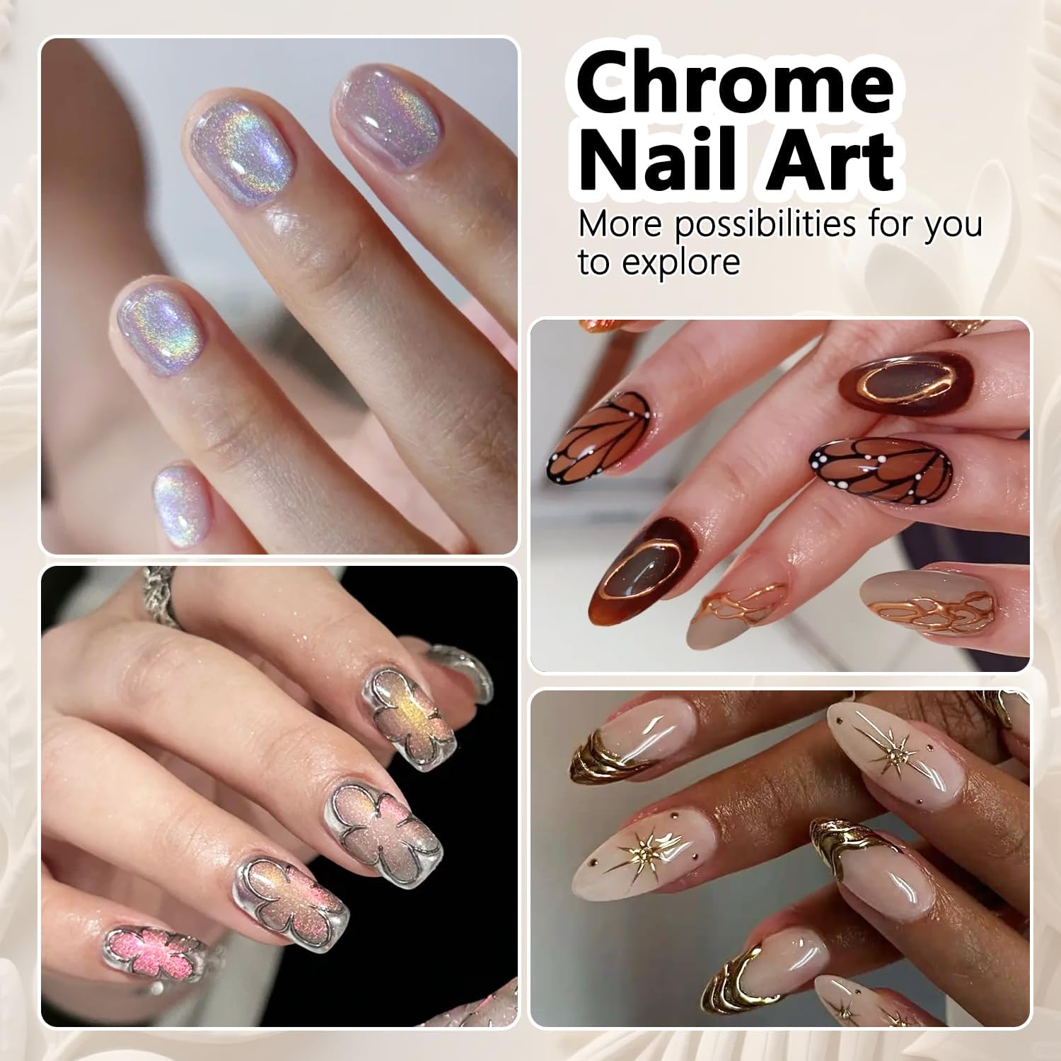 Gold Silver Chrome Nail Powder Set 6 Colors Rose Gold Bronze Champagne White Pearl Chrome Powder Mirror Metallic Effect for Nails Holographic Glitter Rub Dust for Gel Polish Design Manicure - Image 7