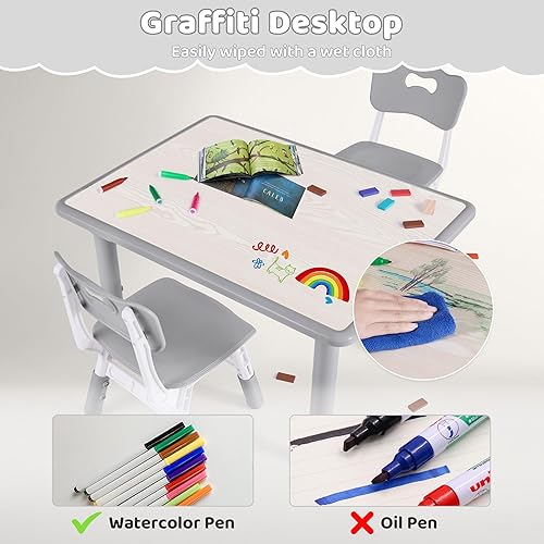 Miniatura 3 de Juego de mesa y 2 sillas para niños, altura ajustable (17.7-26.1 pulgadas), mesa y silla para niños pequeños, mesa multiactividad con escritorio de