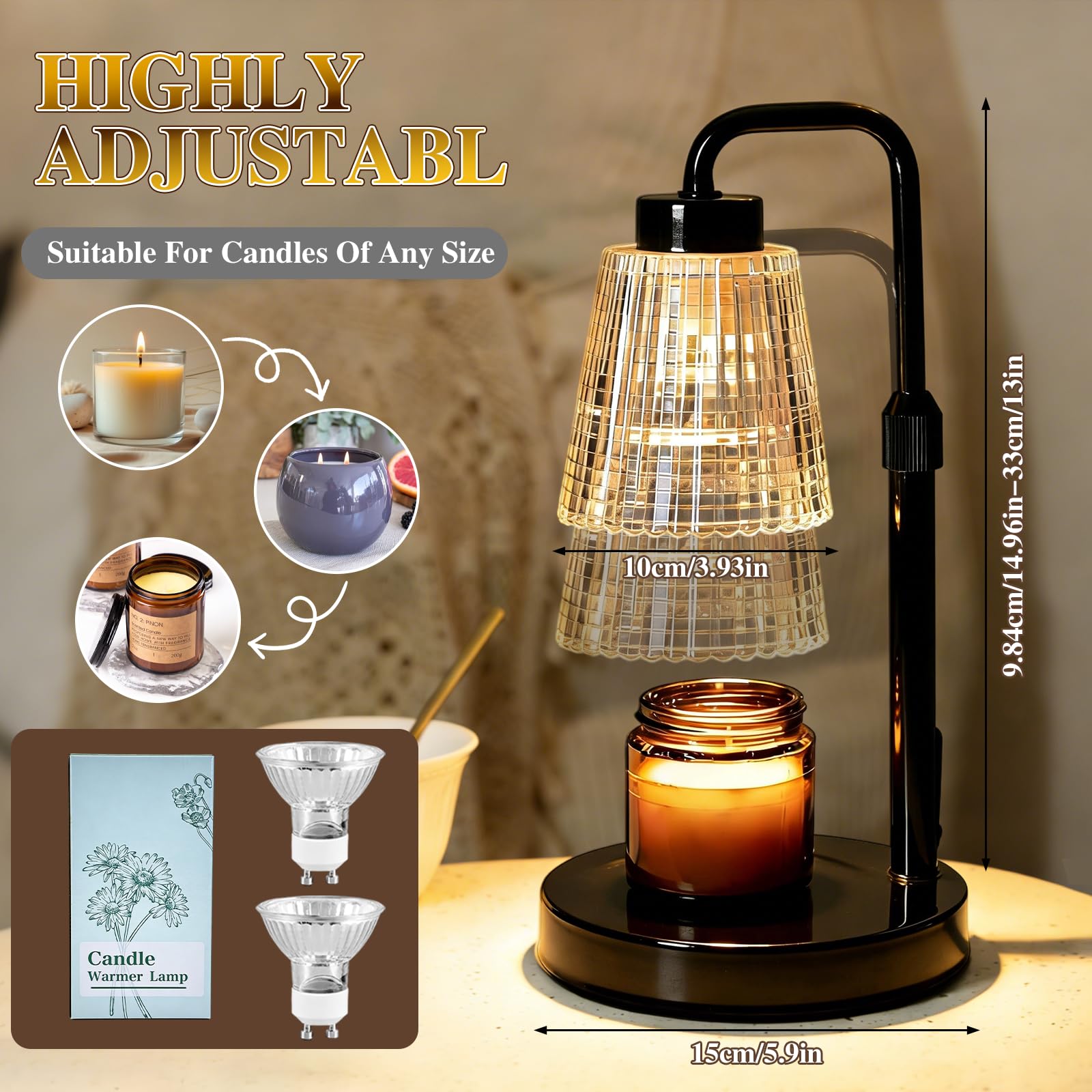 Lampada scalda candela, timer dimmerabile, luce di fusione elettrica per barattoli di cera, candele con bruciatore senza fiamma regolabile in altezza, con 2 lampadine, squisito regalo di compleanno
