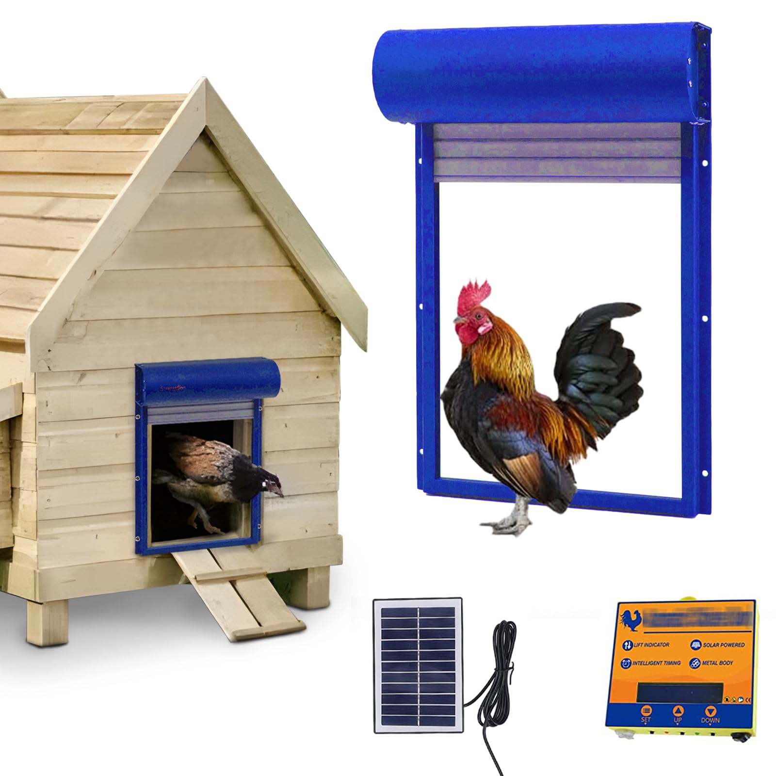 Porta Automatica per pollaio, Porta Automatica per polli con Controllo Timer, Controllo Manuale e Controllo Solare, Porta per pollaio, apriporta per polli per Fattoria, Giardino, Patio (Blu)