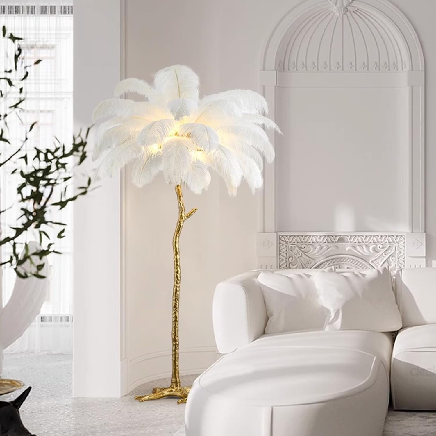 JAYMP Ostrich Feather Floor Lamp for Living Room Sofa Bedside Standing Reading Lamp Elegant Romantic Beautiful (Height 67 inches/ 35 Feathers, White)