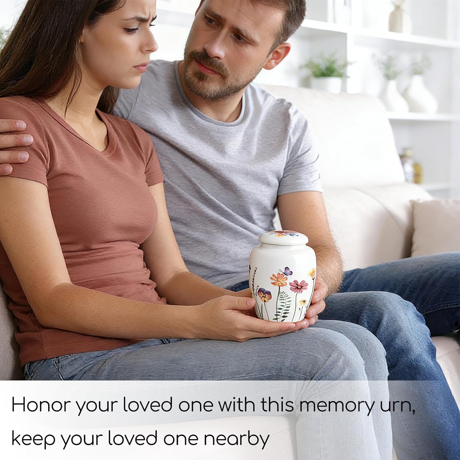 Small Keepsake Sharing Urn – Ceramic Cremation Urn for Human or Pet Ashes – Hand-Drawn Flowers Small Memorial Token Urn with Precious Gift Box Perfect Tribute & Gift for Families