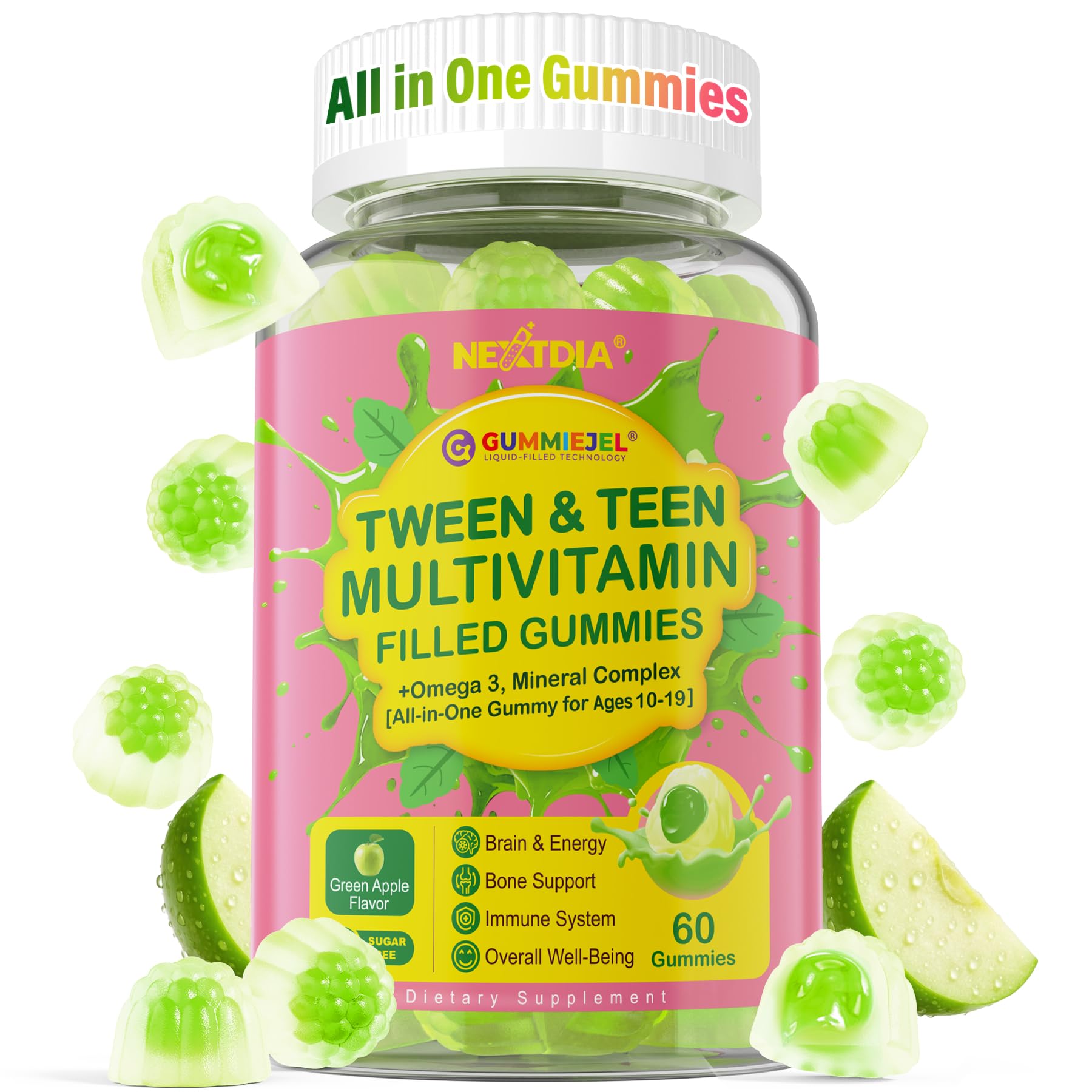 Nextdia Multivitamin Gummies with Iron for Teen Boys Girls 12-17, Kids/Children & Teenagers Ages 10–19 Vitamins w/Omega 3, Ma