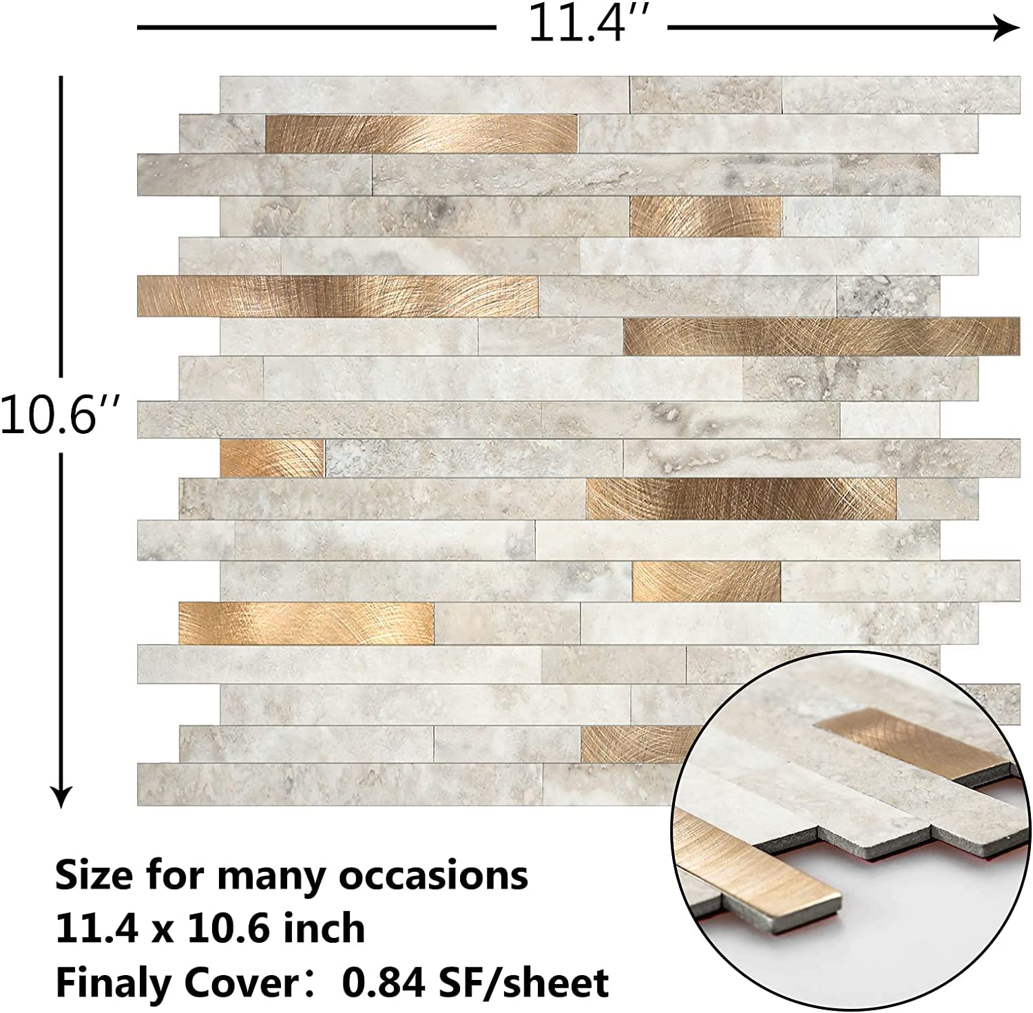 KASARO 10-Sheet Peel and Stick Backsplash Tiles with Vintage Golden Embellished Stripes, Decorative Self-Adhesive Wall Tile Stickers for Kitchen, Beige