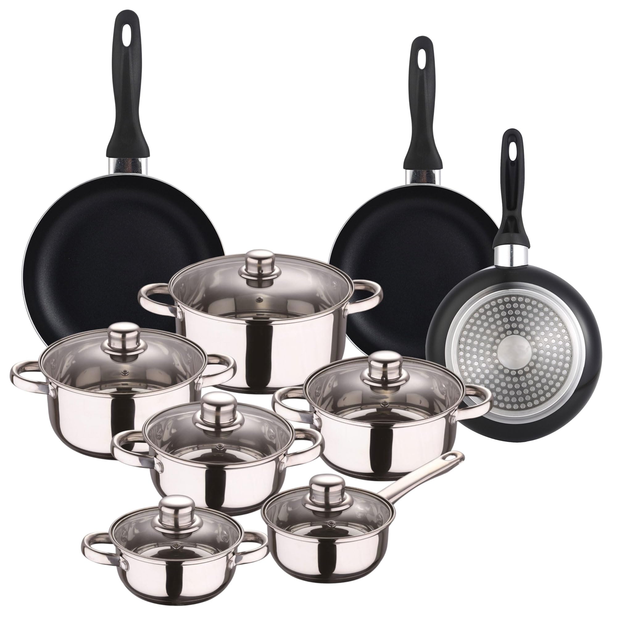 Zen Cook Set de Batería de cocina de 12pc en acero inoxidable + 3 Sartenes Ø16Ø20Ø24cm Negro en aluminio prensado