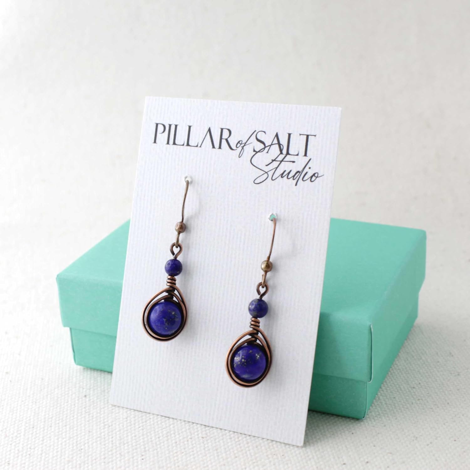 Pillar of Salt Studio Handcrafted Solid Copper Earrings with Lapis Lazuli Gemstone (Antiqued Copper, 1" drop)