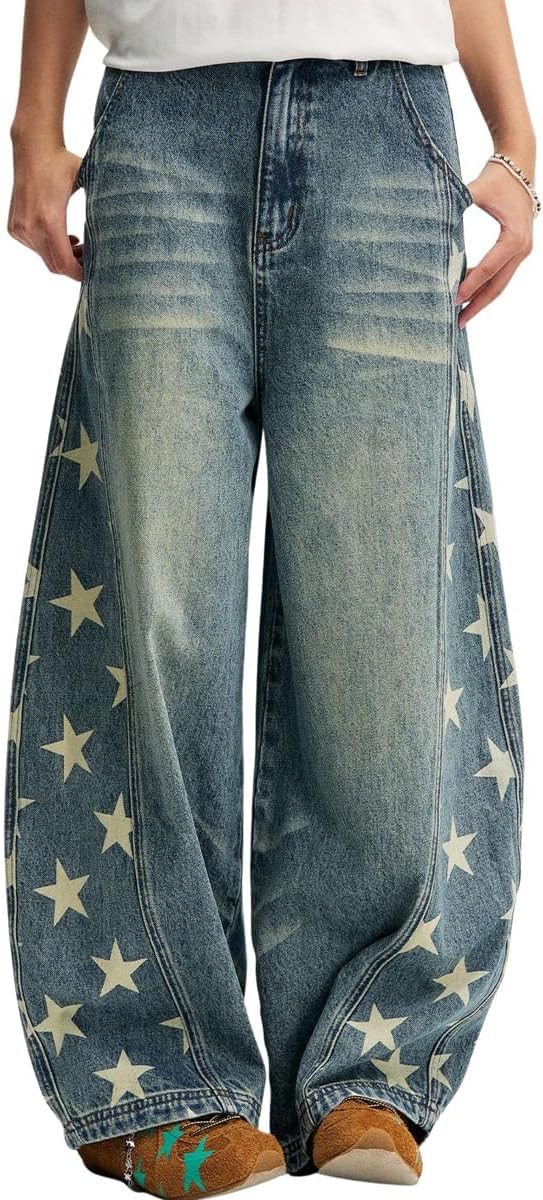 chouyatou Women's 2025 Boyfriend Baggy Barrel Jeans Star Pattern Y2K Casual Wide Leg Mid Rise Denim Pants
