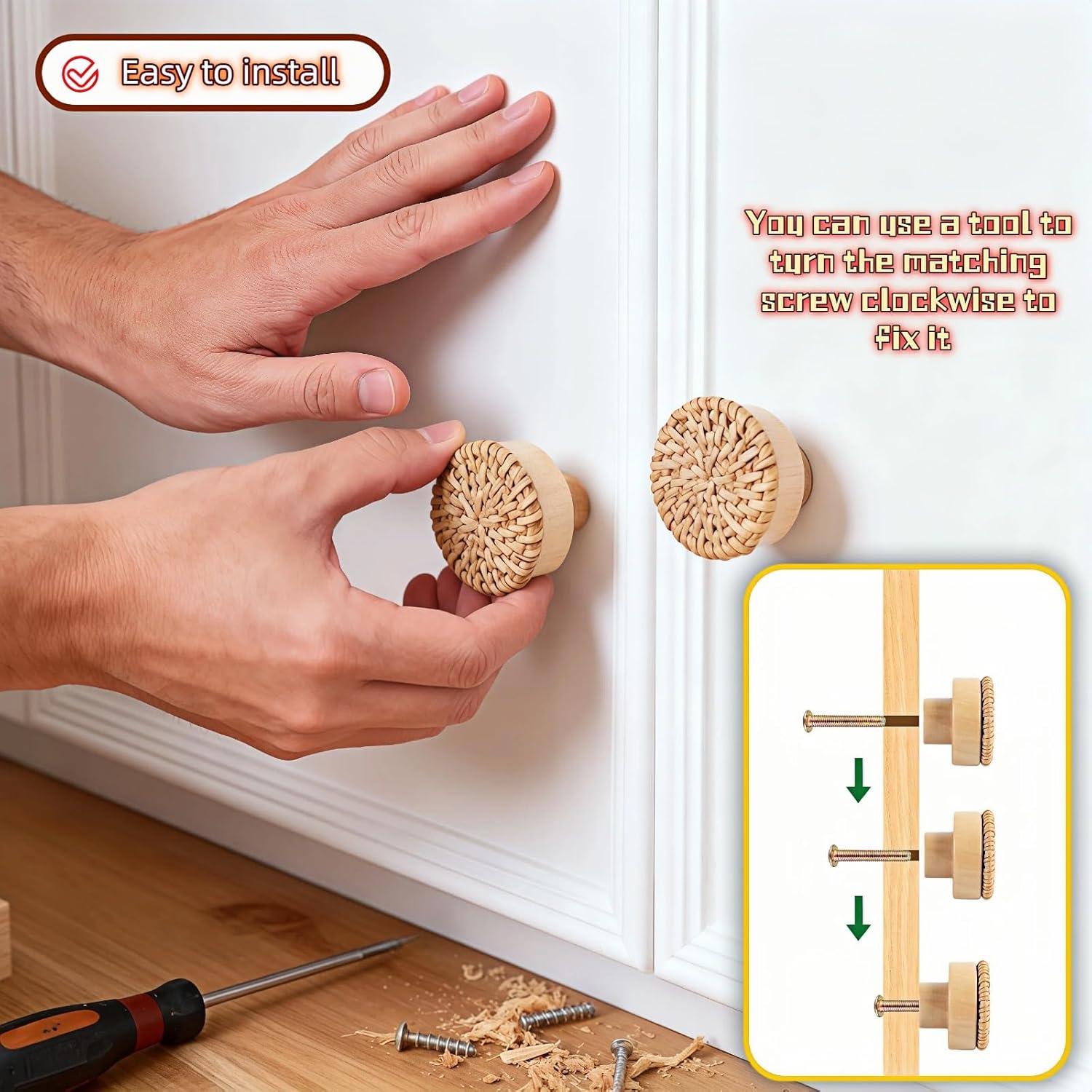 Handwoven Bohemian Drawer Knobs - Natural Rattan & Solid Beech Wood Cabinet Pulls for Dresser, Closet, Kitchen Cabinets (Set of 2, Caramel) | Easy Install Boho Home Decor Knobs