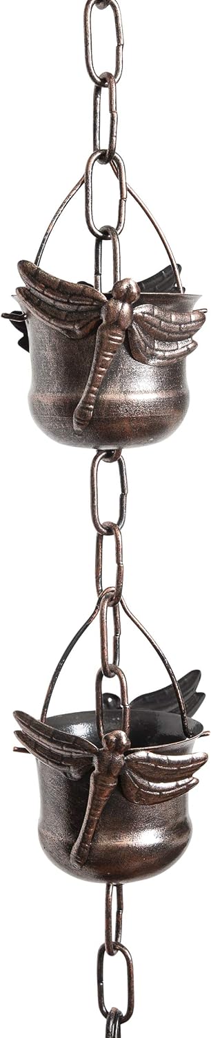 Iron Dragonfly Decorative Rain Chain for Gutters | Unique Downspout Extension Home Décor | Rainwater Diverter with Rain Collector Cups is an Excellent Gift Idea for Housewarming, Birthday