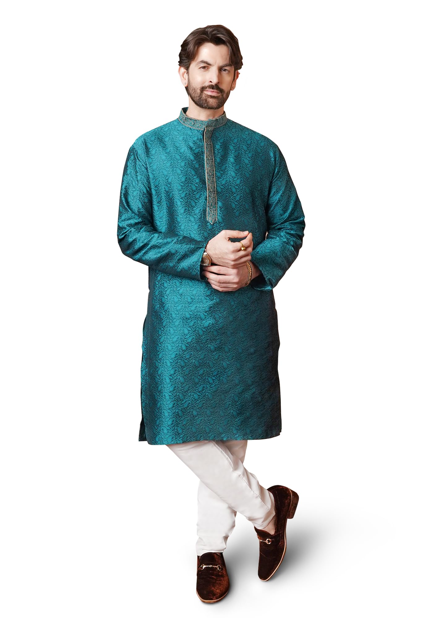 Sojanya Since 1958 Mens Red Jacquard Silk Kurta Churidaar Pyjama